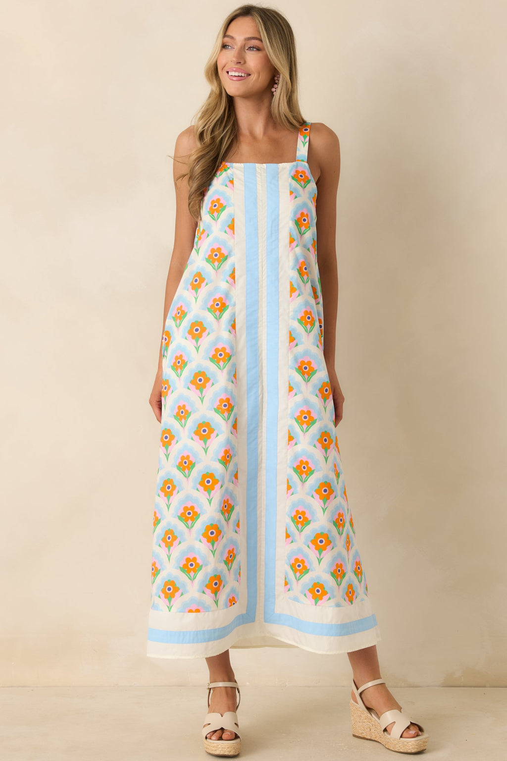 Orange Blossom Skies Blue Multi Floral Cotton Contrast Maxi Dress