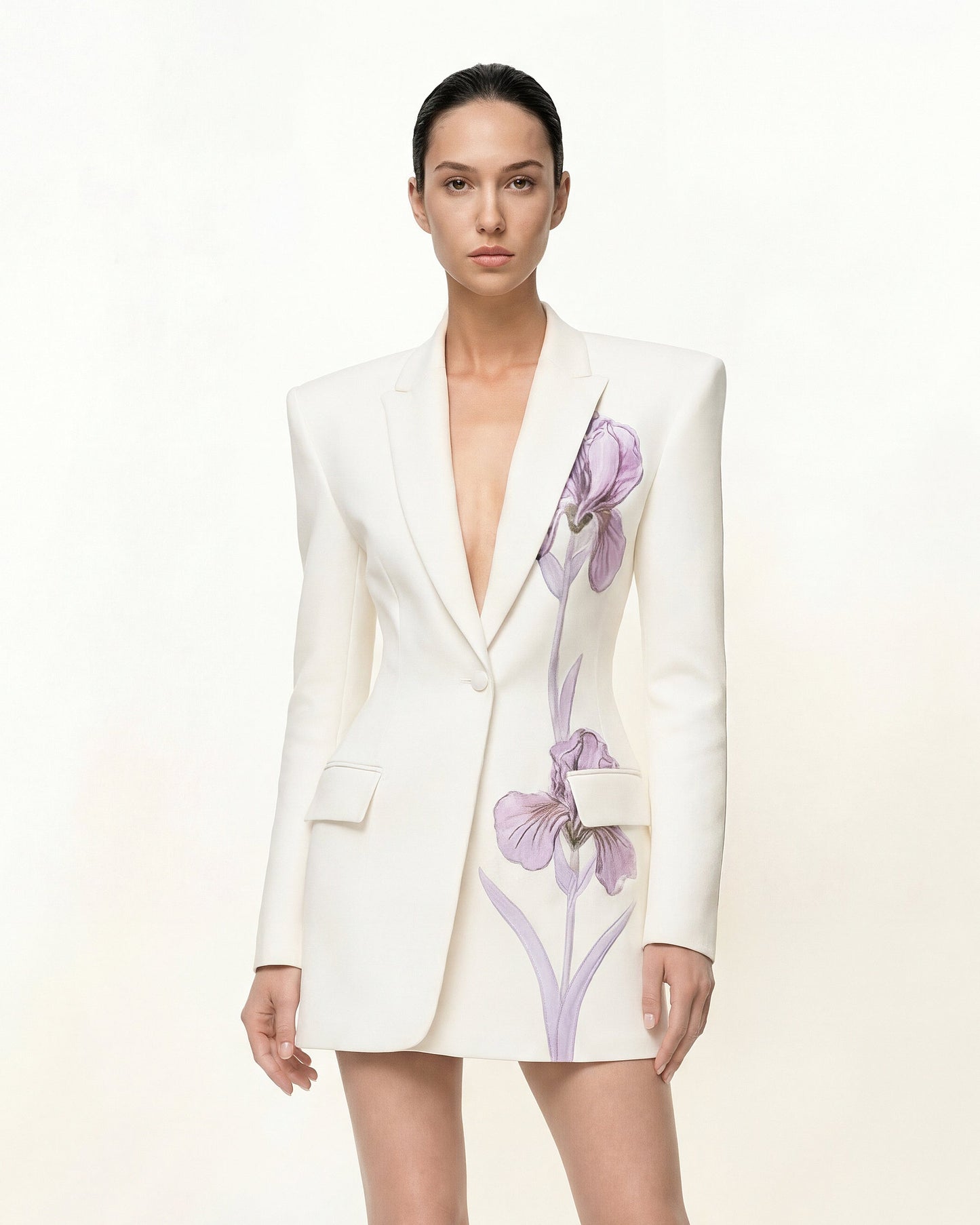 Iris 刺繡沙漏型西裝外套 - 白色