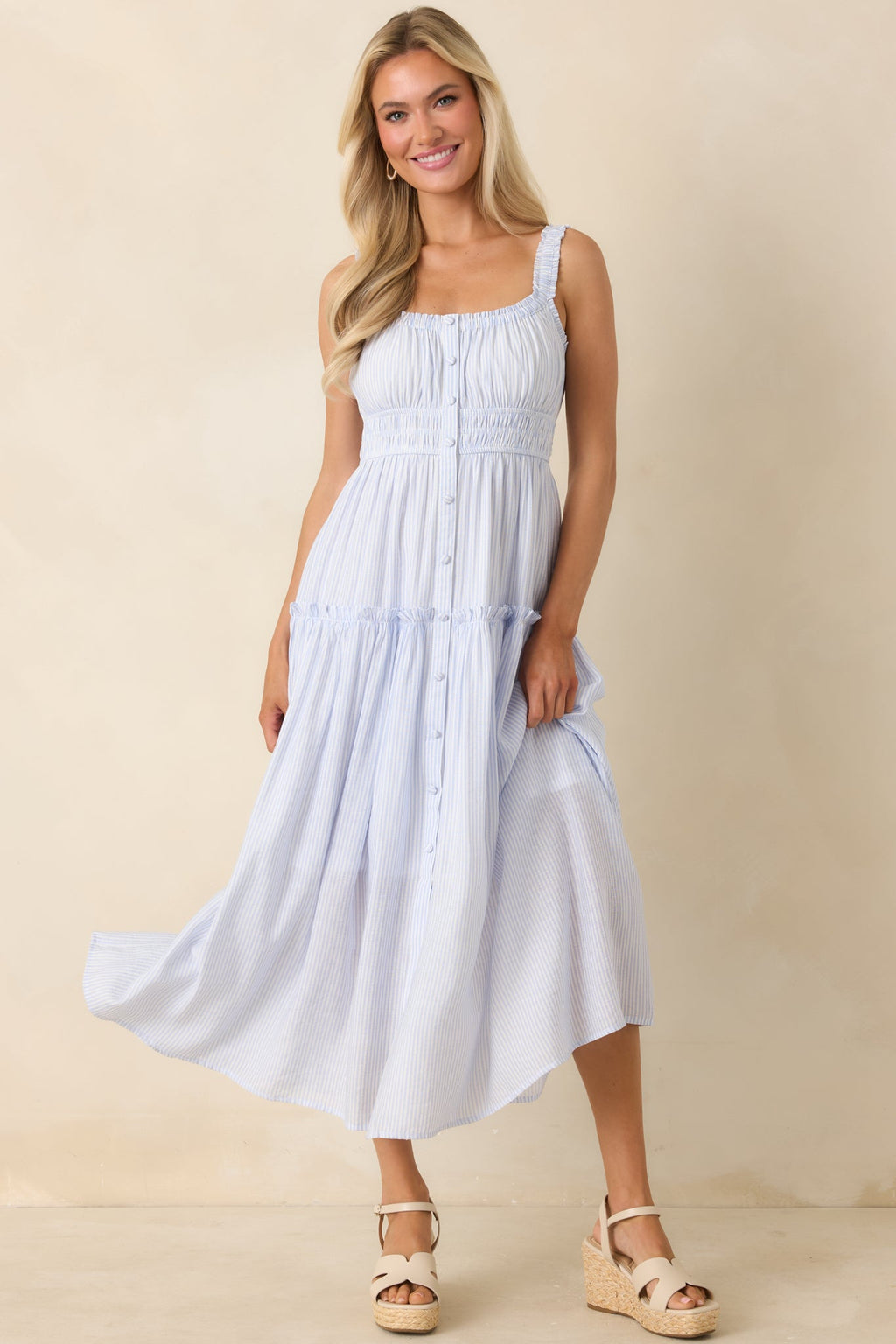 Keep You 'Til the End Light Blue Pinstripe Smocked Waist Midi Dress
