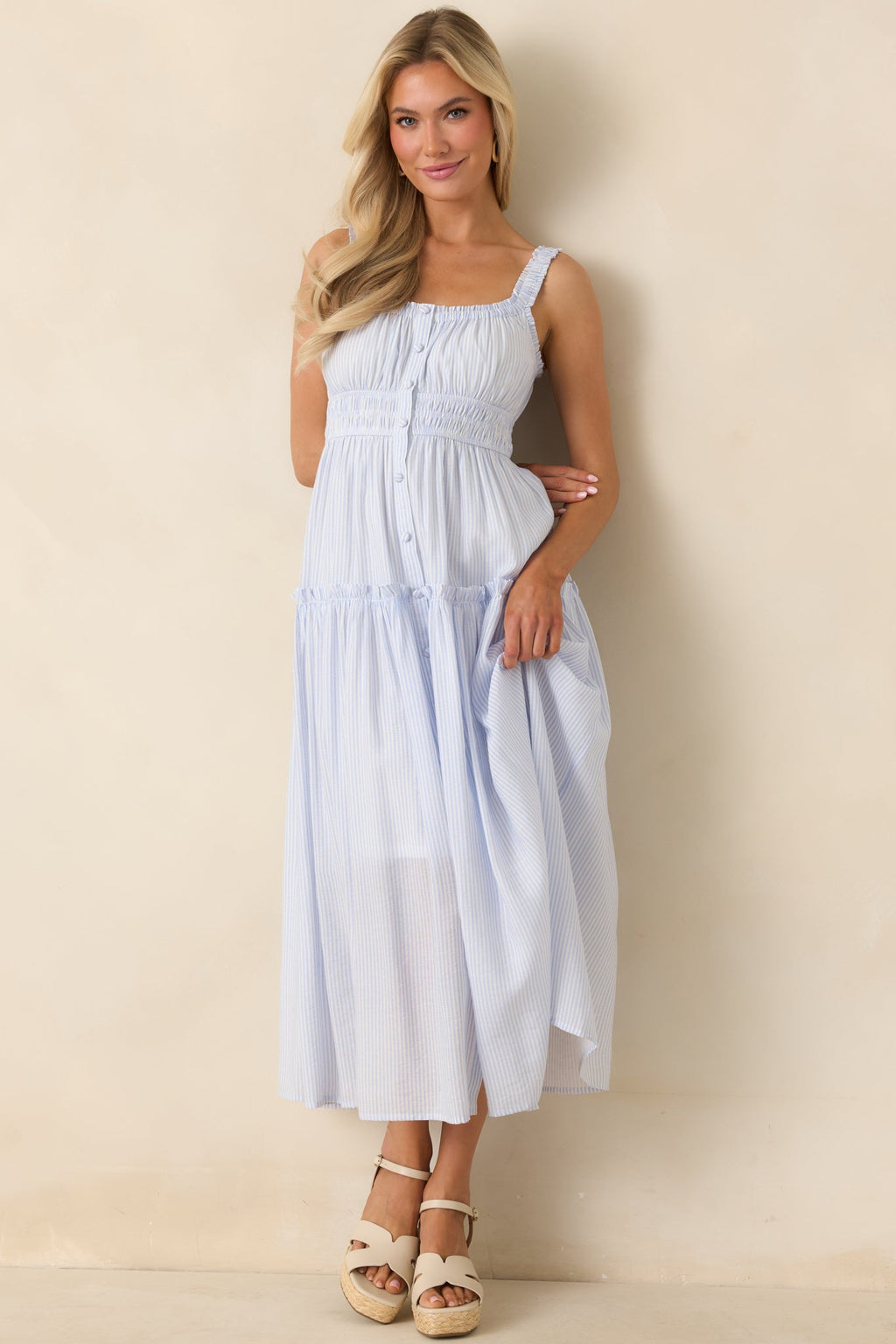 Keep You 'Til the End Light Blue Pinstripe Smocked Waist Midi Dress