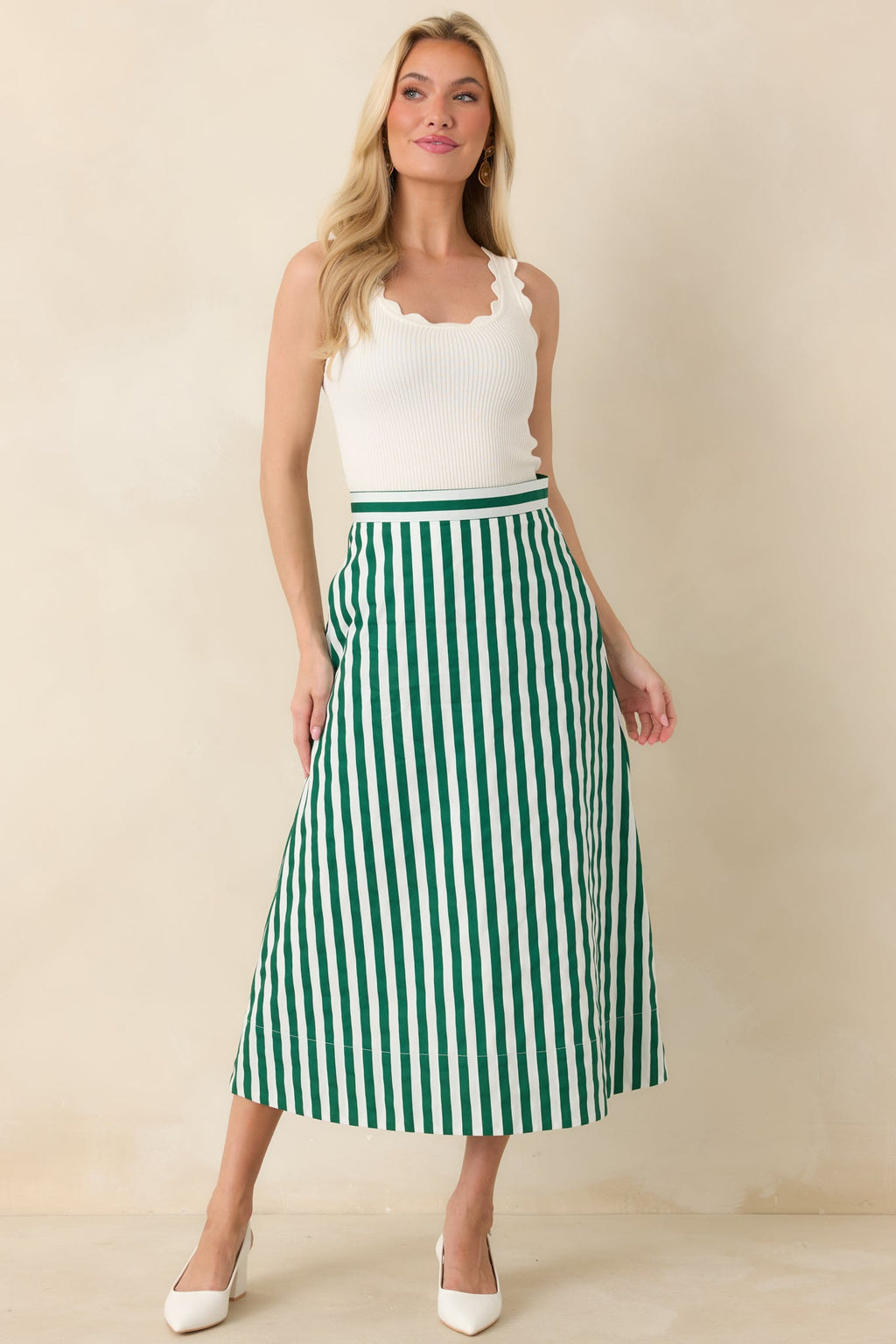 Prosperina Opal Green Stripe Cotton Midi Skirt
