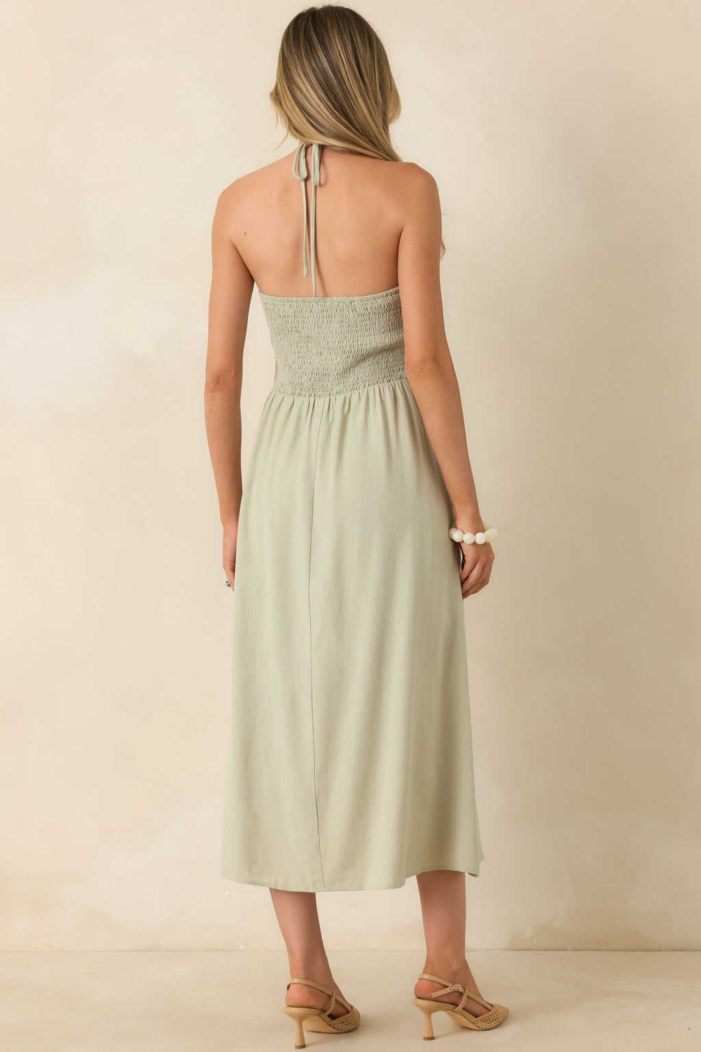 Life is But a Dream Sage Green Beaded Halter Midi Dress