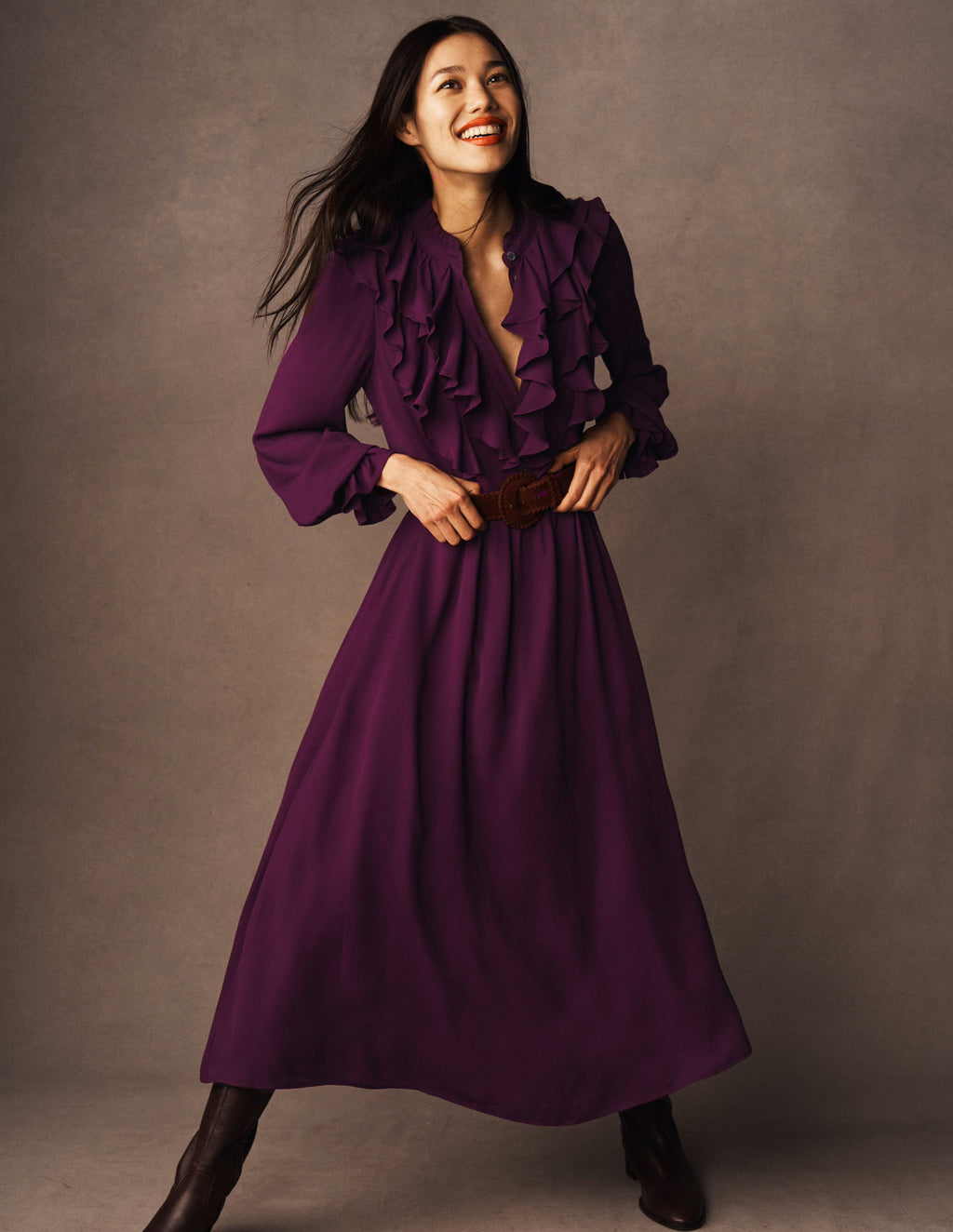 Ruffle Front Shirt Dress-Dark Cherry