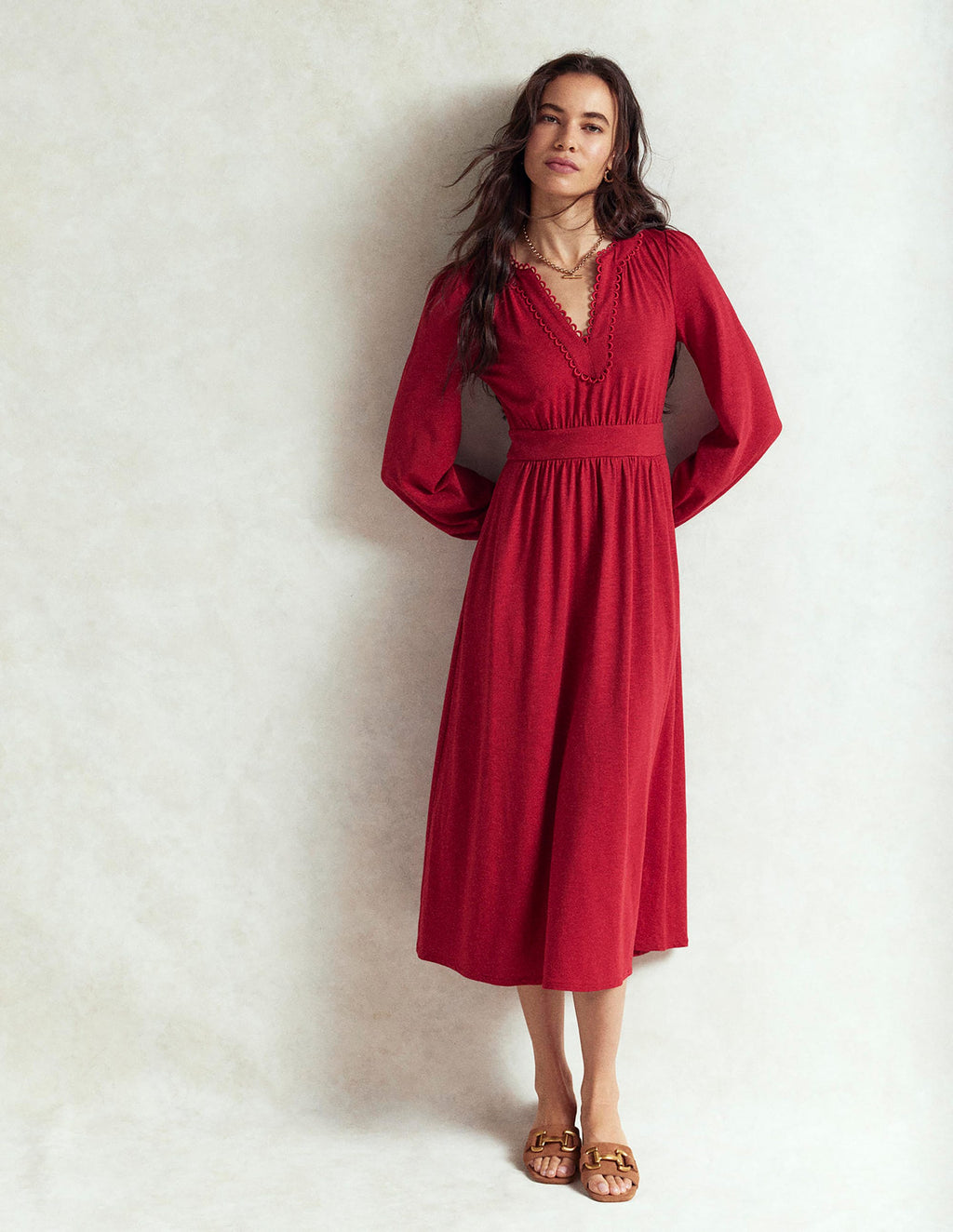 Maddie Picot Trim Midi Dress-Carmine Red