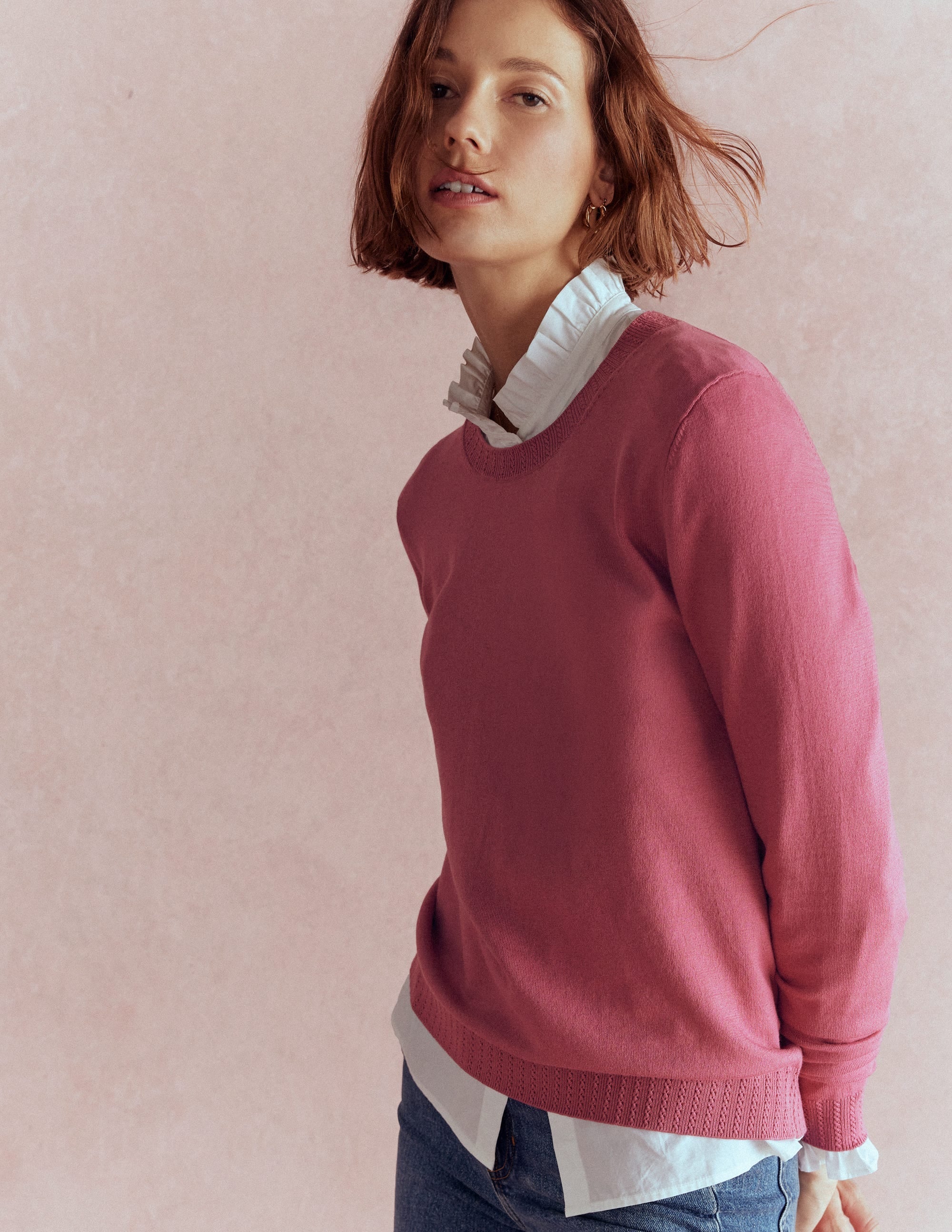 Emilia Cotton Crew Sweater-Pink Heather