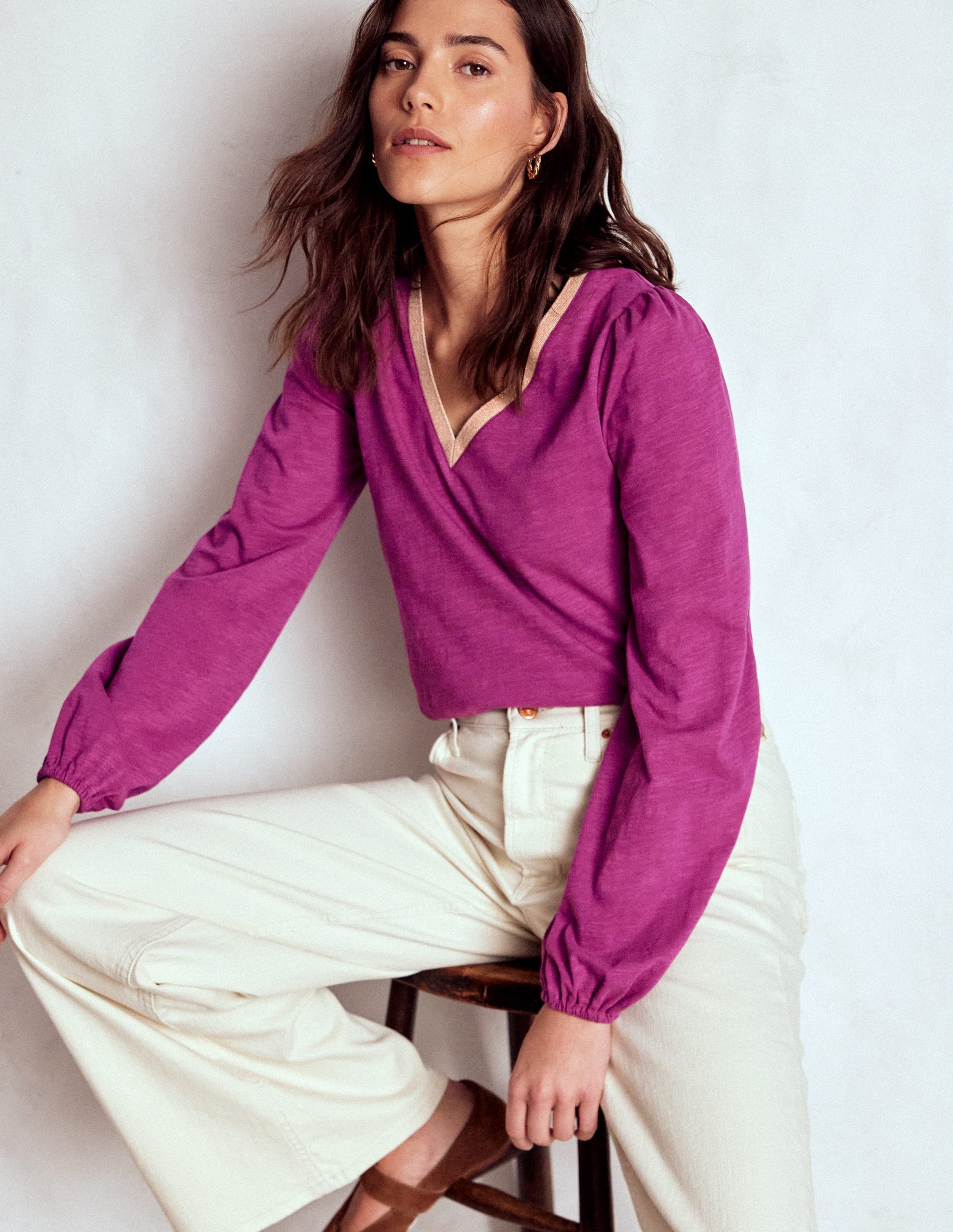 Metallic Trim V-neck Top-Rich Magenta