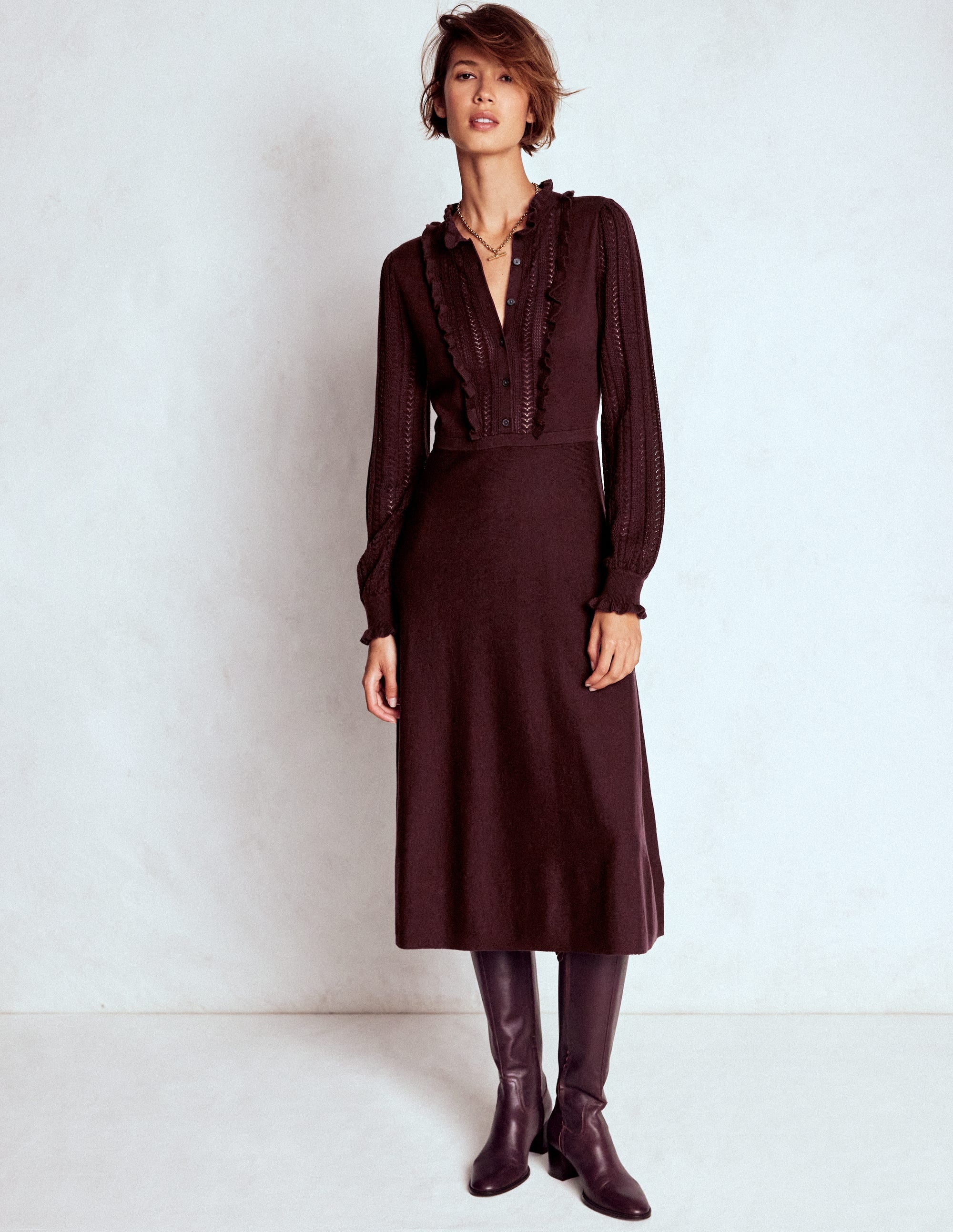 Winifred Frilled Knitted Dress-Coffee Bean