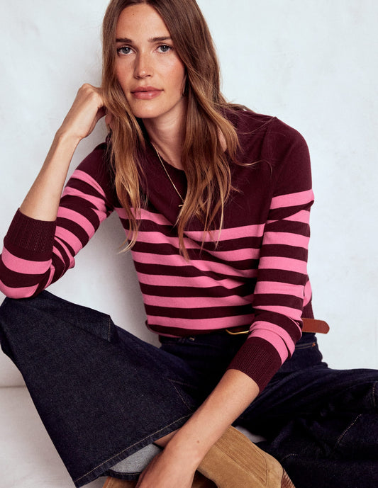 Emilia Cotton Crew Sweater-Chestnut/Pink Stripe