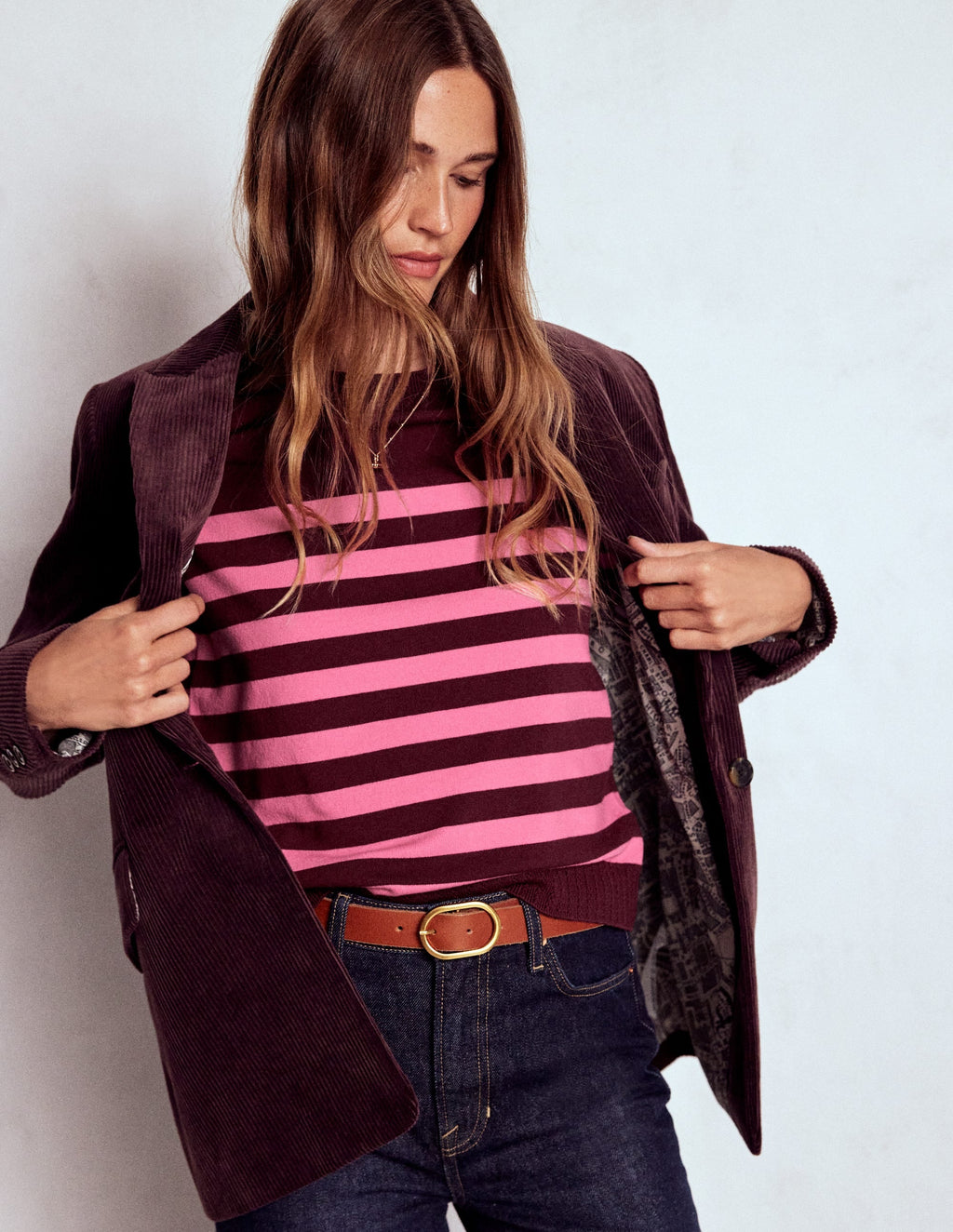 Emilia Cotton Crew Sweater-Chestnut/Pink Stripe