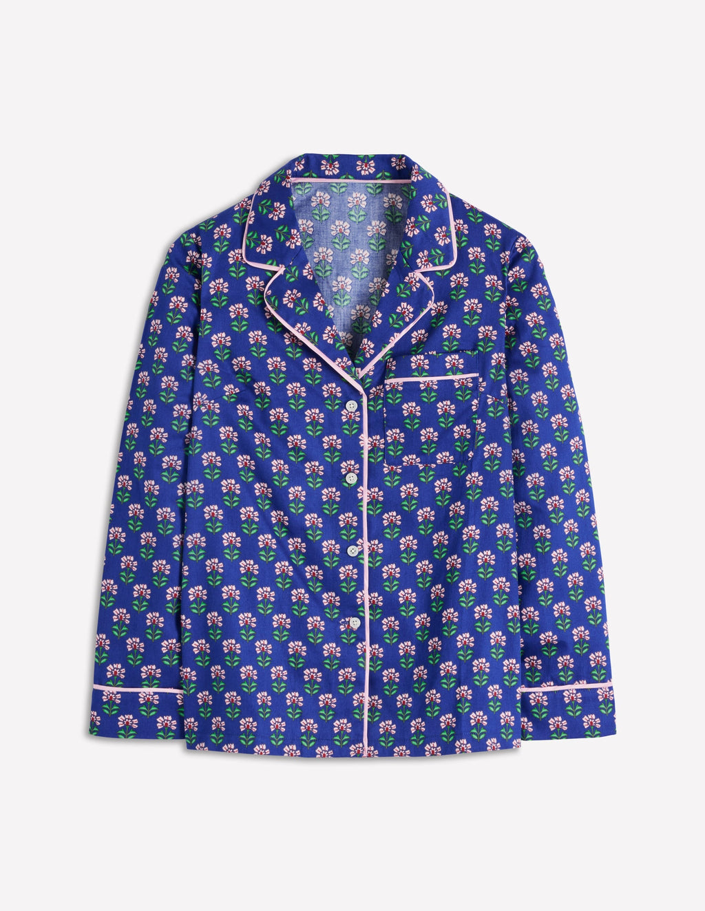 Cotton Pajama Shirt-Bright Blue, Woodblock Flower