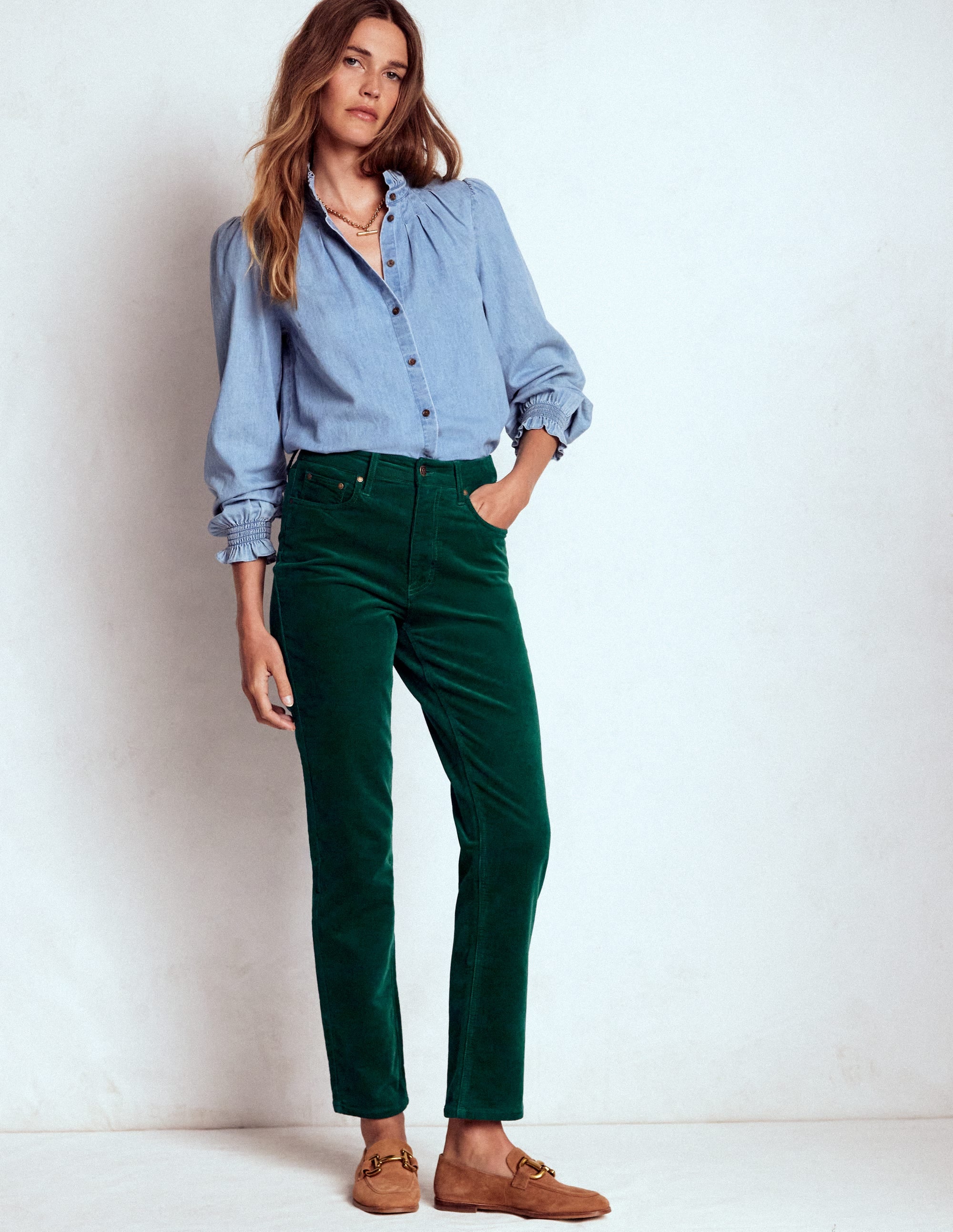 High Rise Cord Slim Jeans-Green