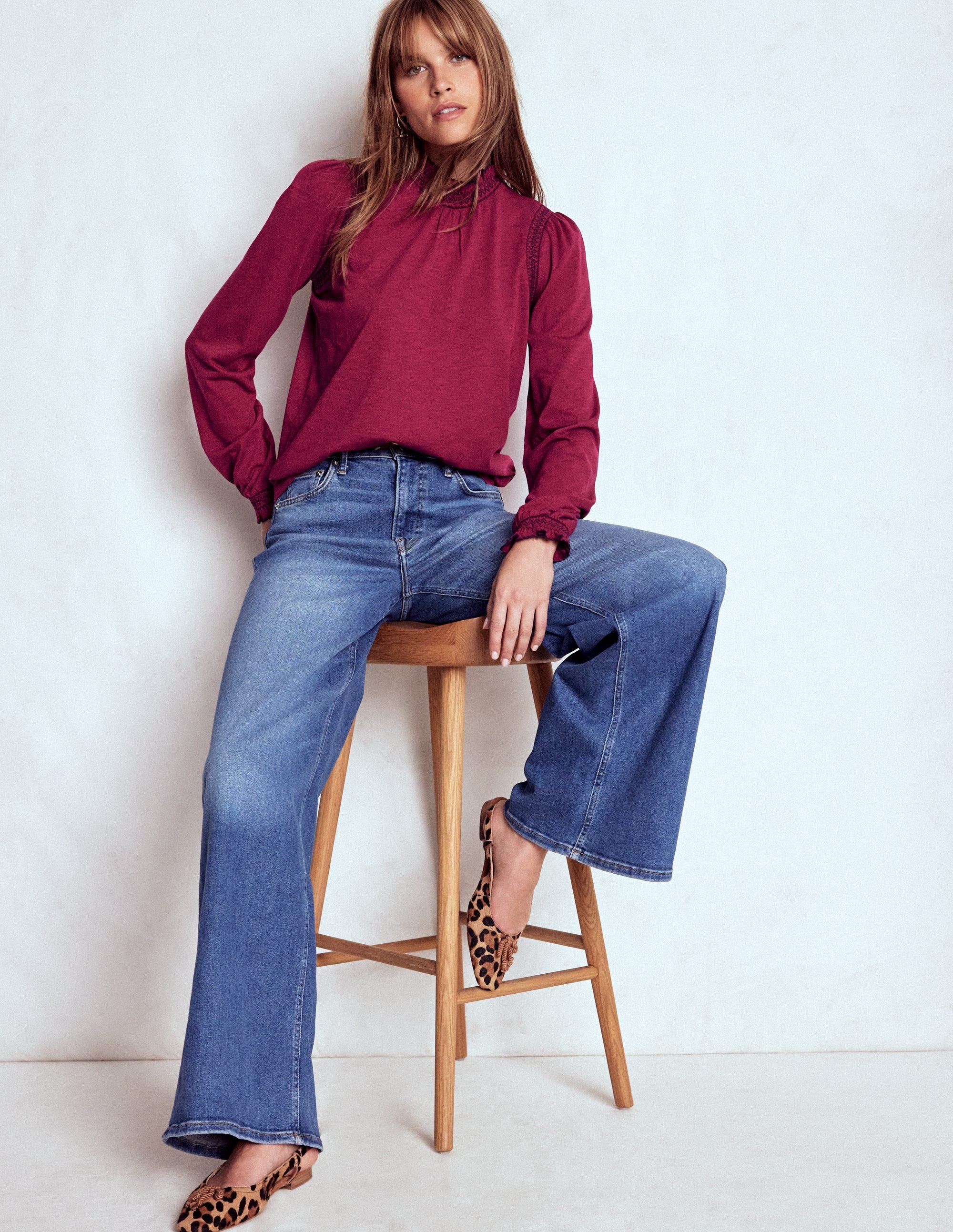 Tia Smocked Neck Jersey Top-Ruby Red