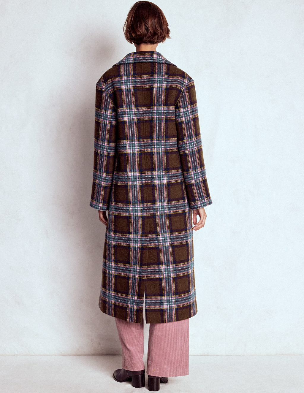 Cocoon Wool Coat-Brown, Teal and Pink Check