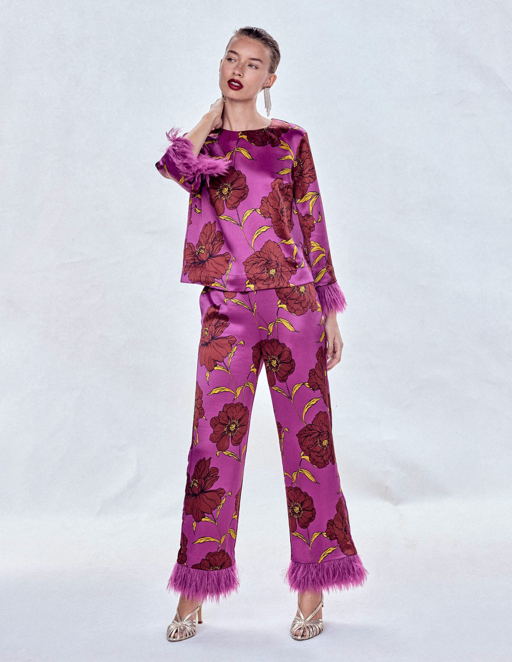 Faux Feather Trim Pants-Regal Purple, Peony Bloom