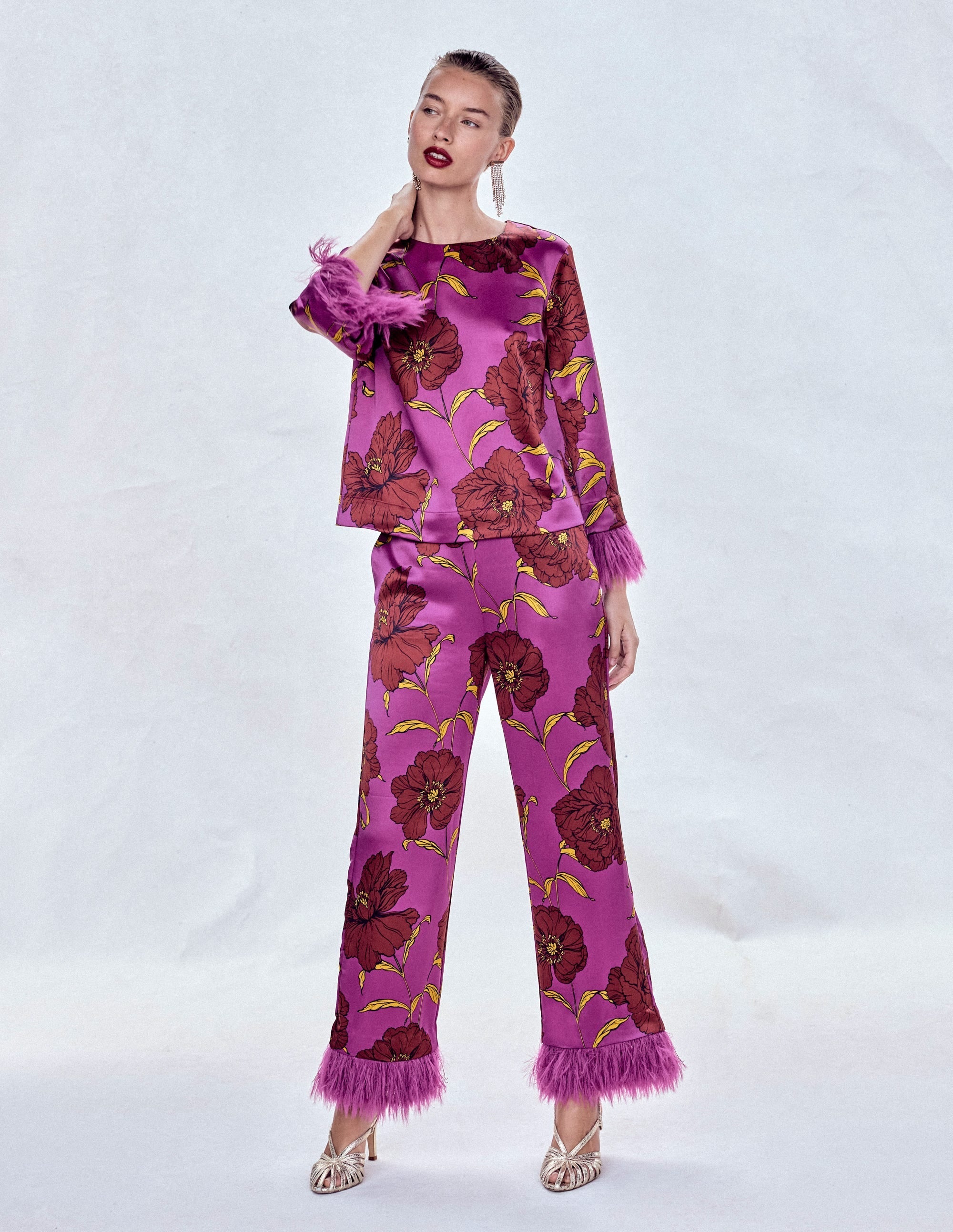 Faux Feather Trim Pants-Regal Purple, Peony Bloom
