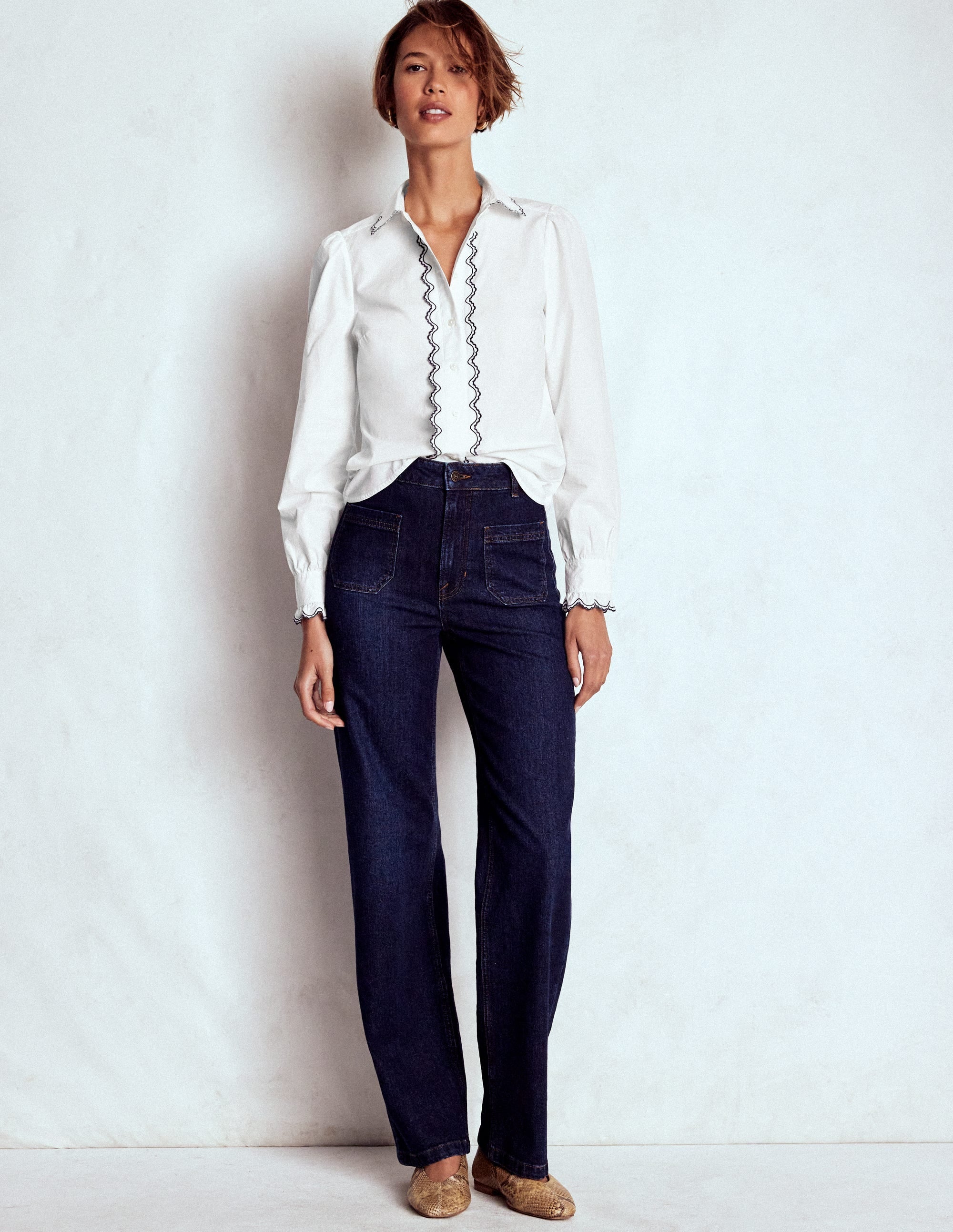 Embroidered Cotton Shirt-White, Navy Embroidery