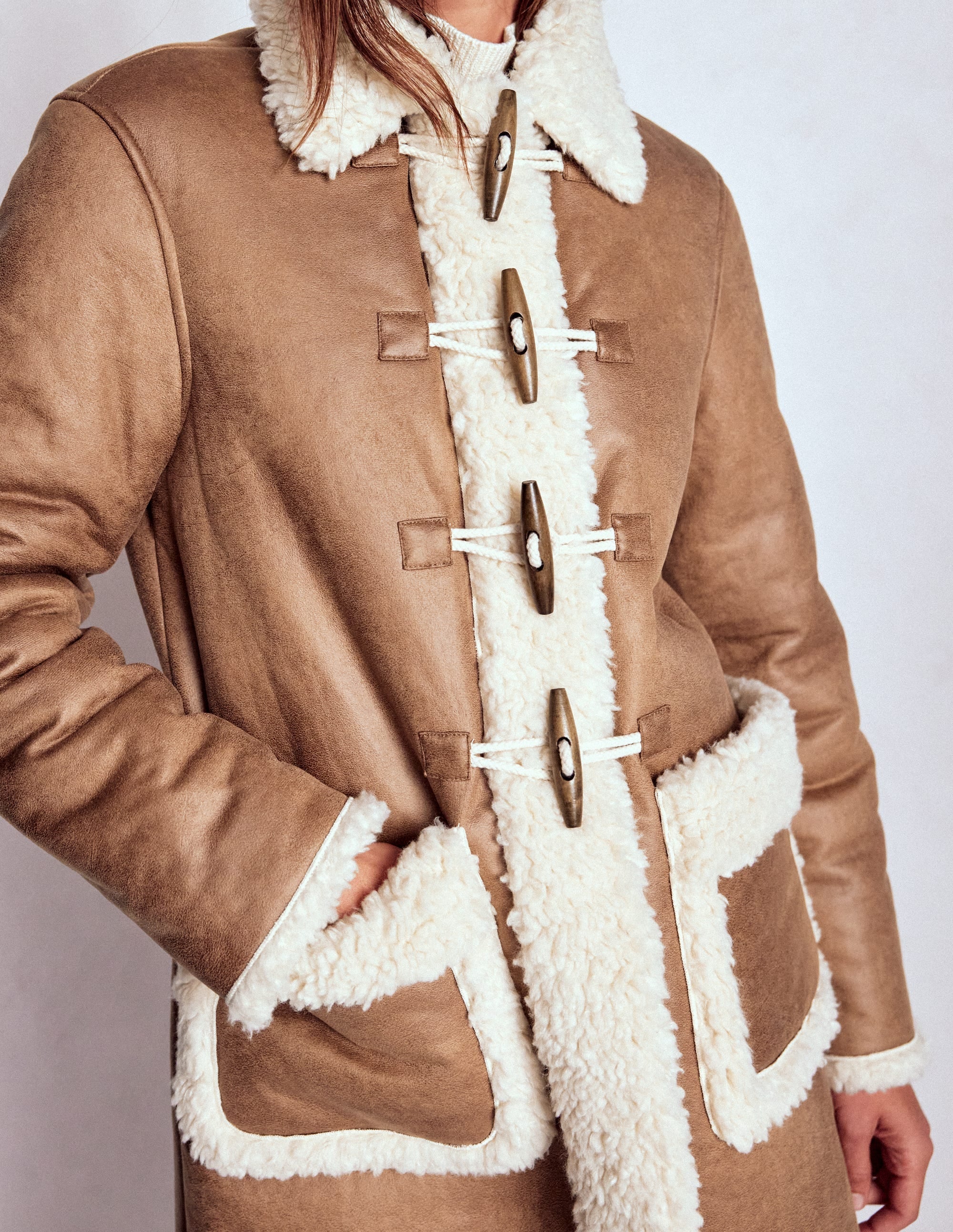 Borg Duffle Coat-Camel, Natural Borg