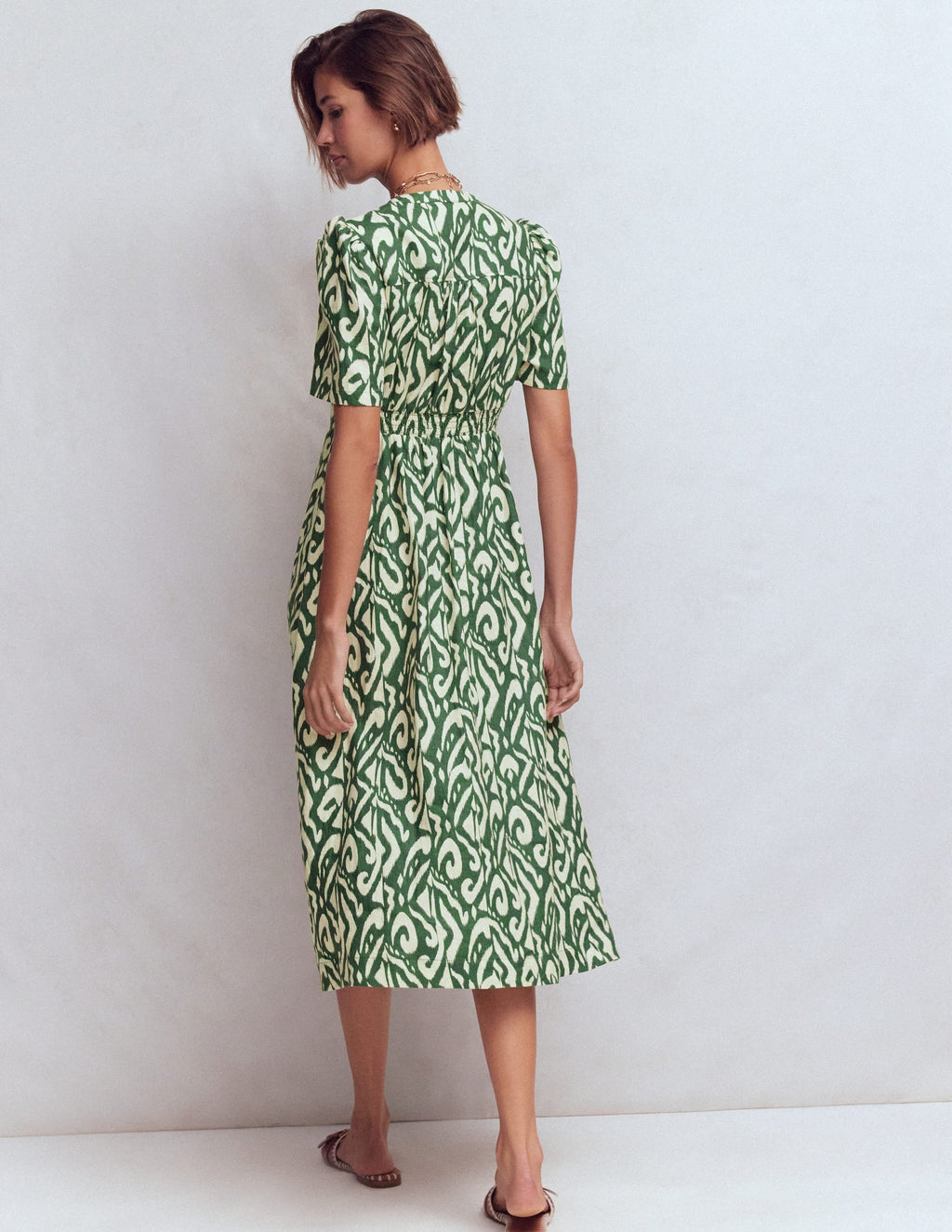 Ivy Button Linen Midi Dress-Hunter Green Ikat