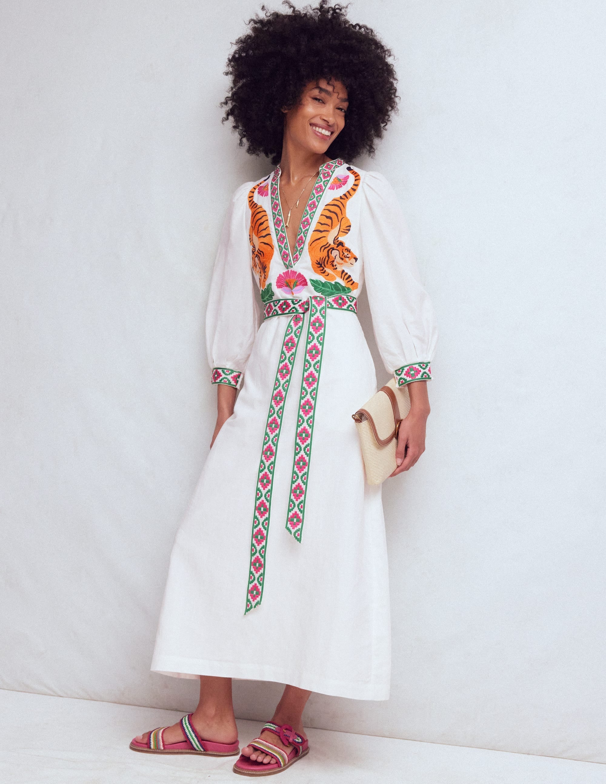 Octavia Linen Blend Dress-Tiger Embroidery