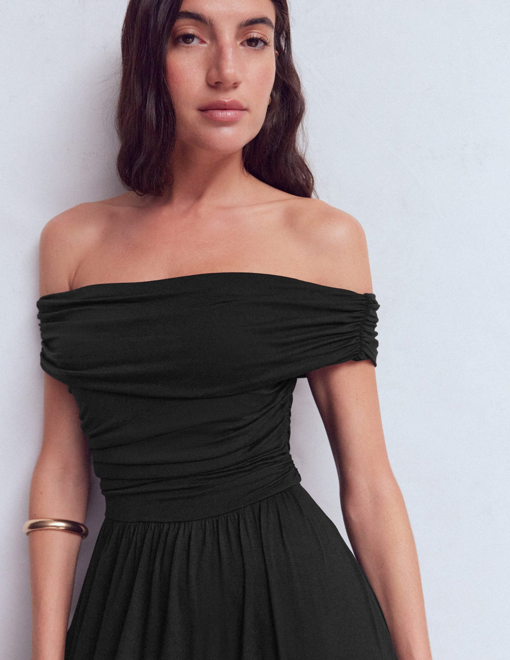 Ruched Bardot Maxi Dress-Black