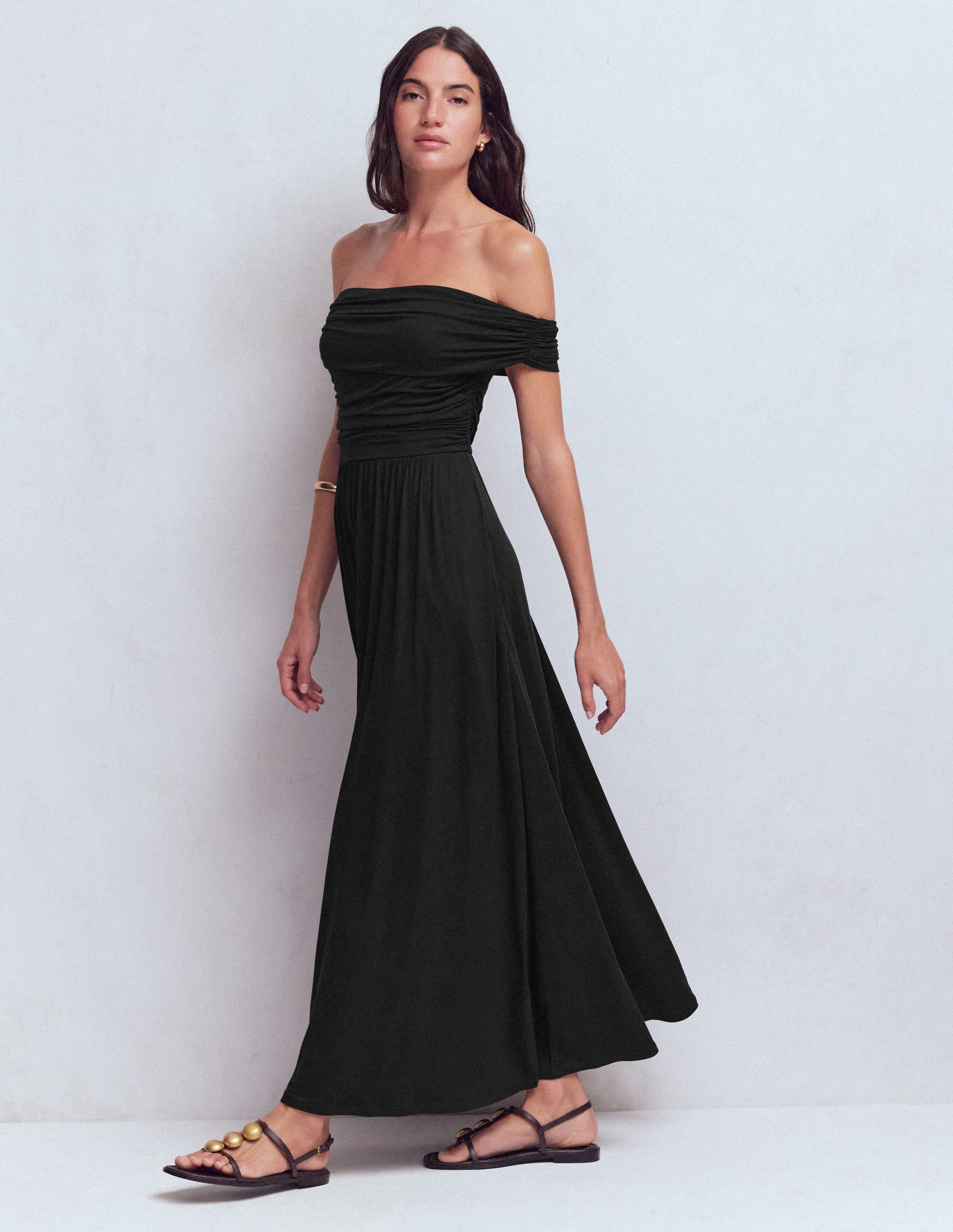 Ruched Bardot Maxi Dress-Black