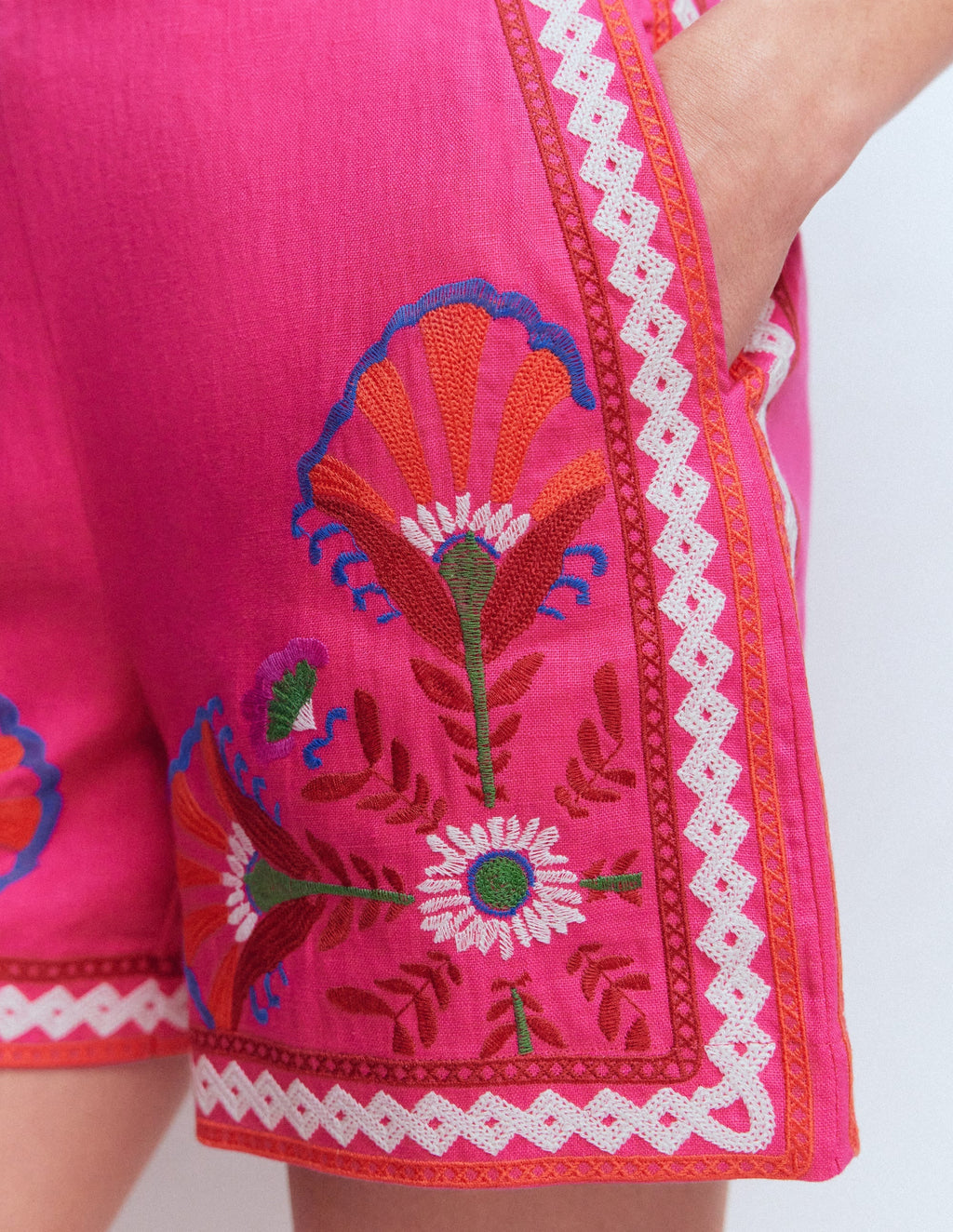 Embroidered Linen Shorts-Pink Peony, Embroidered