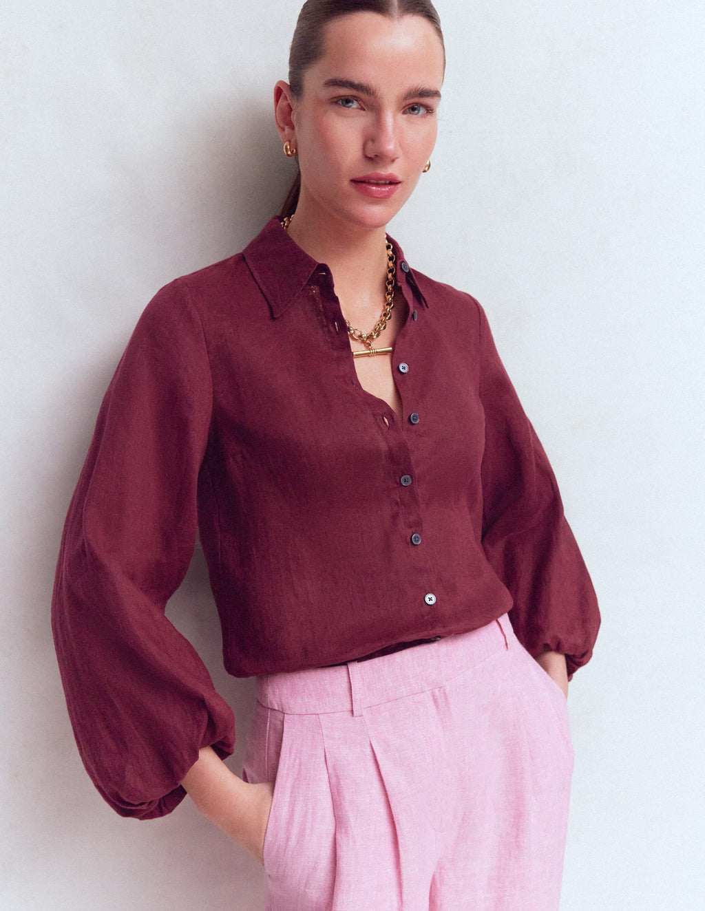 Puff Sleeve Linen Shirt-Deep Wisteria
