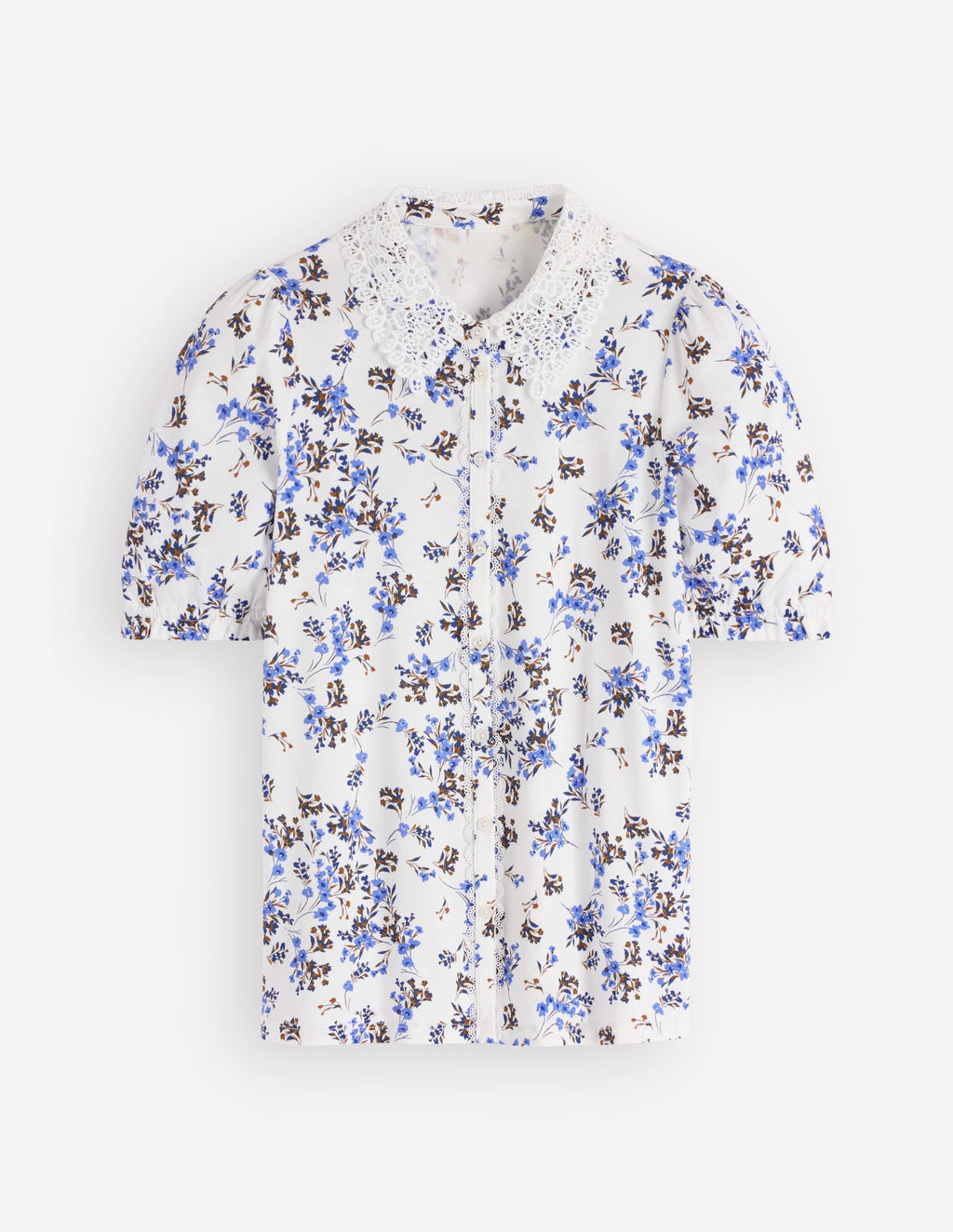 Nessa Broderie Collar Blouse-Ivory, Blue Bloom Scatter