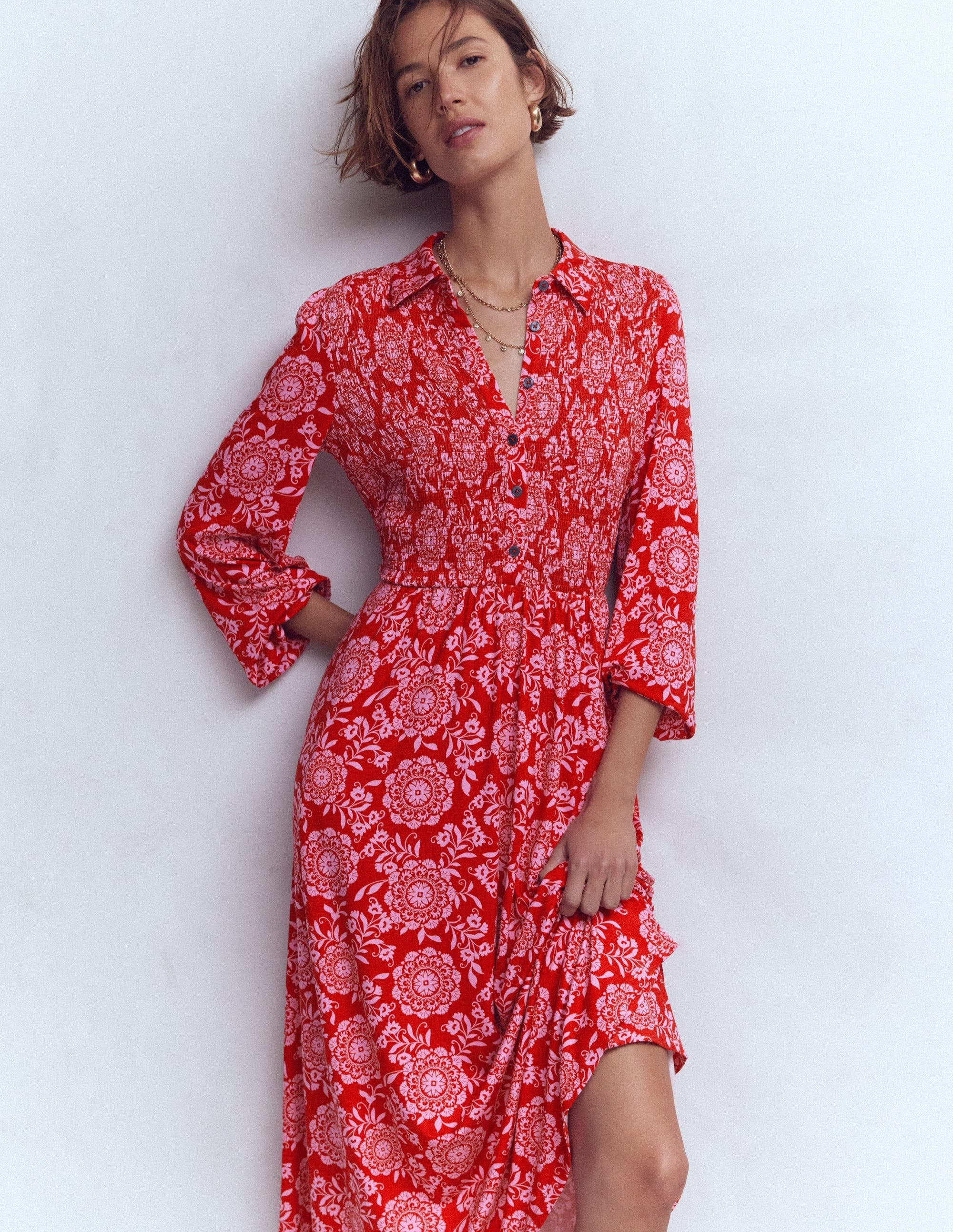 Camilla Smocked Jersey Dress-Merida Red, Decorative Blossom