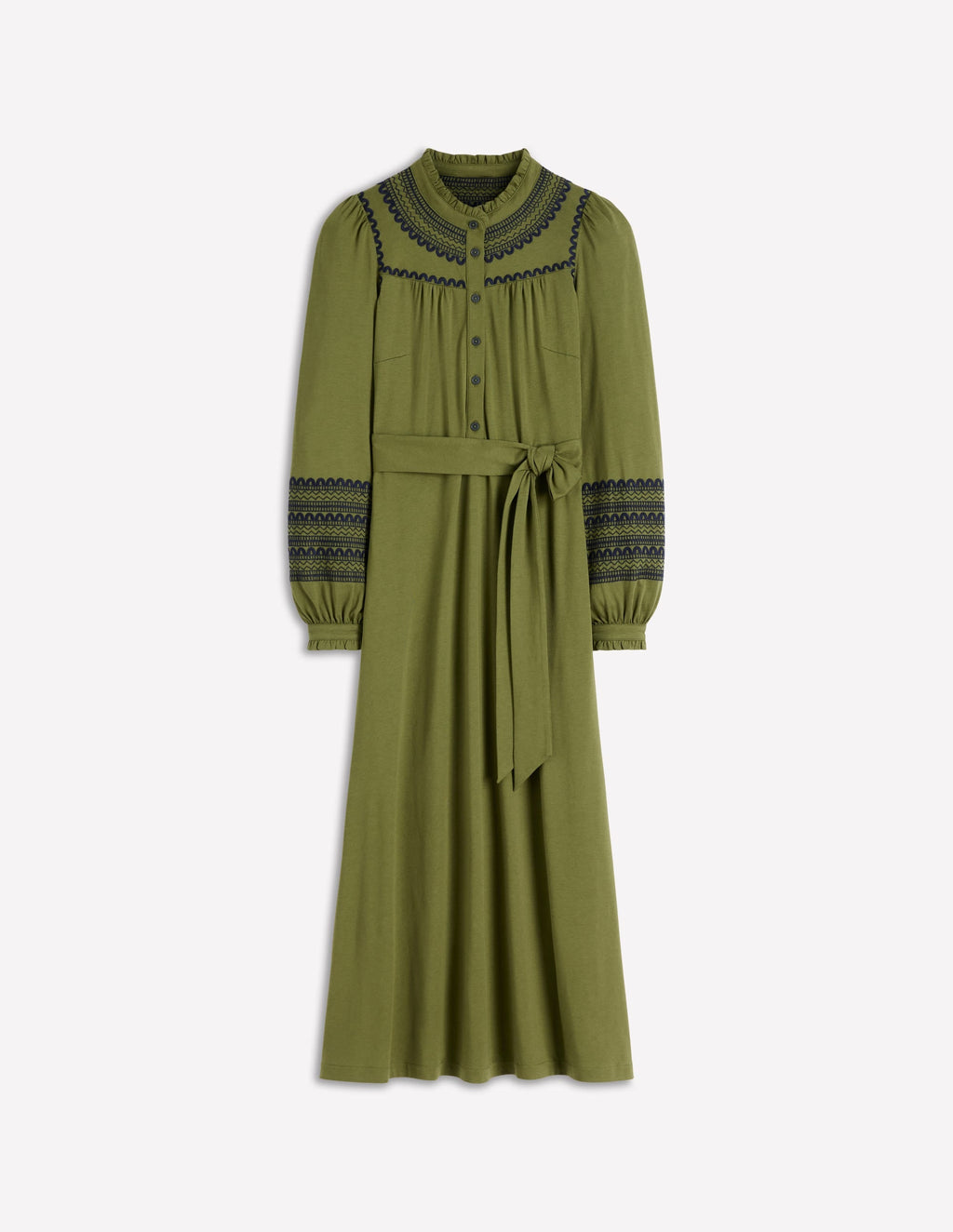 Embroidered Jersey Shirt Dress-Olive