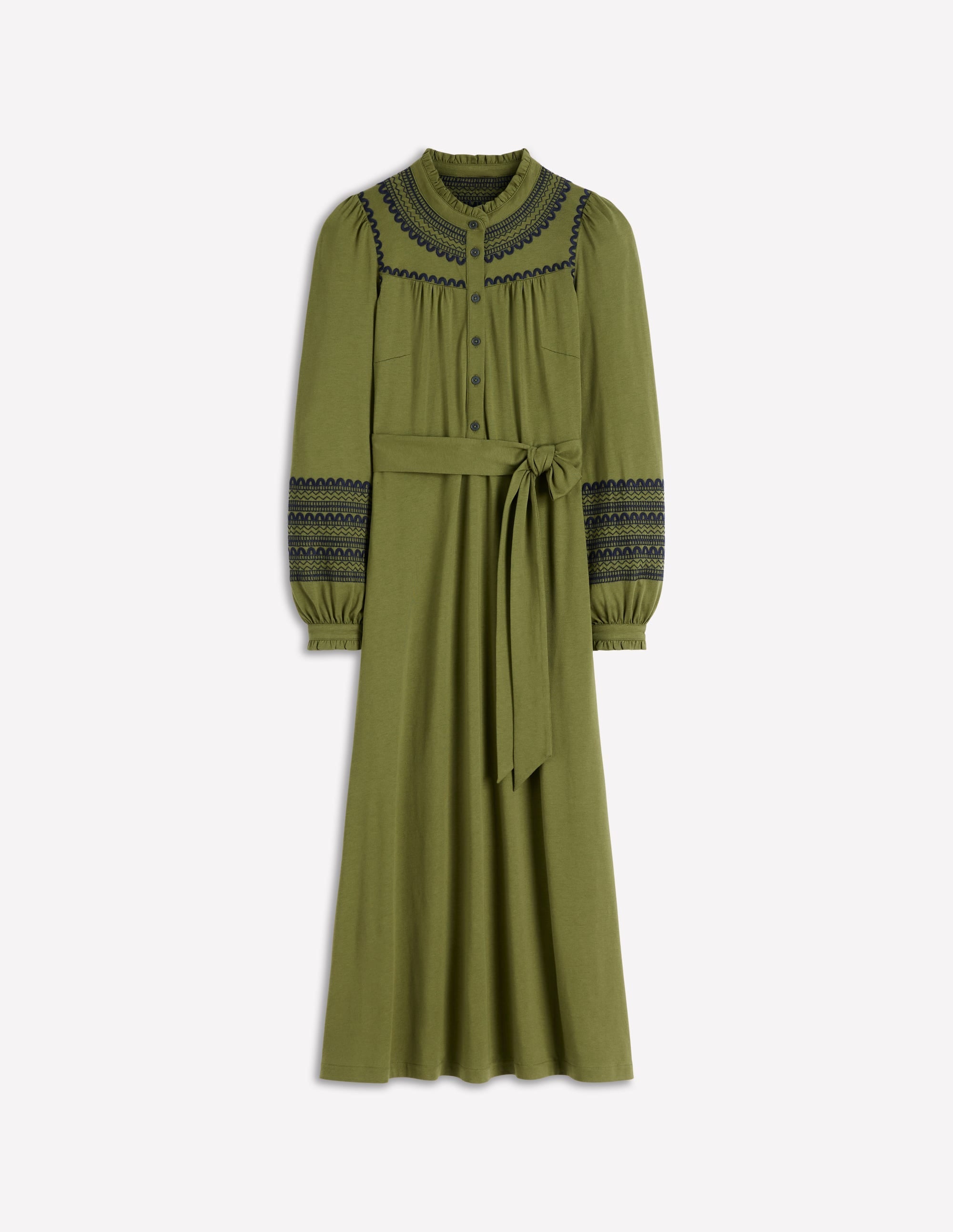 Embroidered Jersey Shirt Dress-Olive