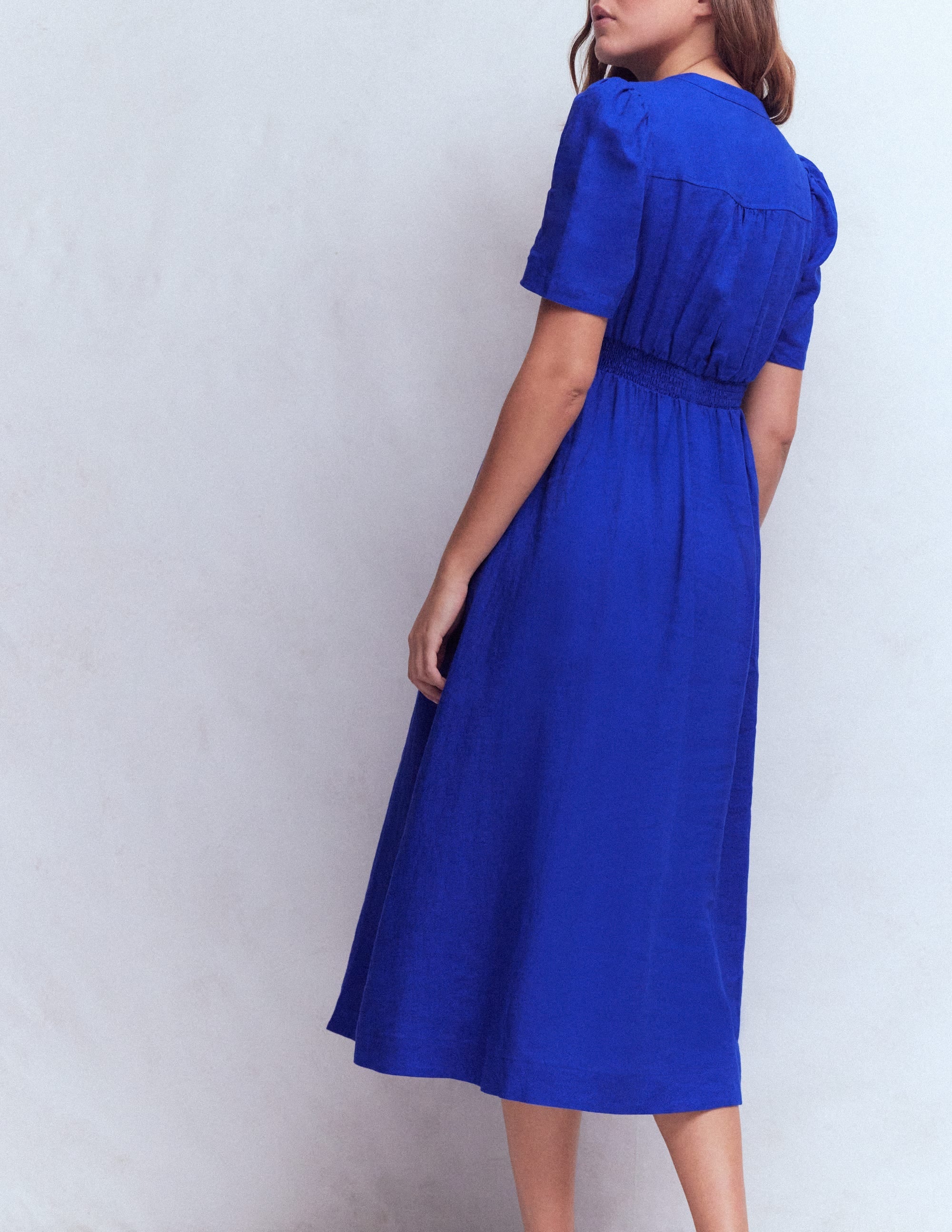 Ivy Button Linen Midi Dress-Bright Blue