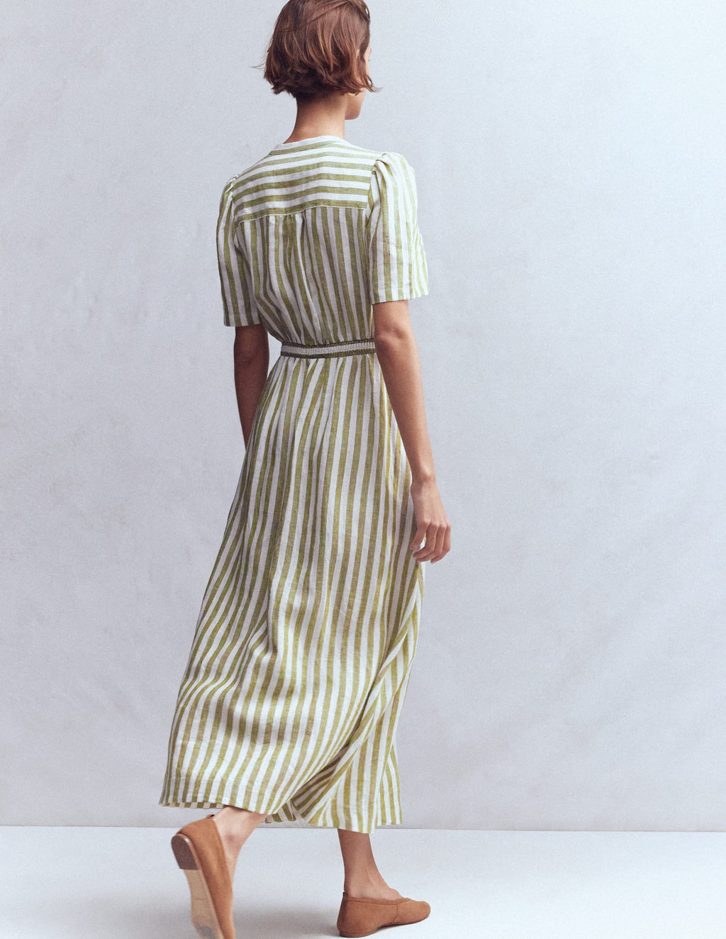 Ivy Button Linen Midi Dress-Olive, Ivory Stripe