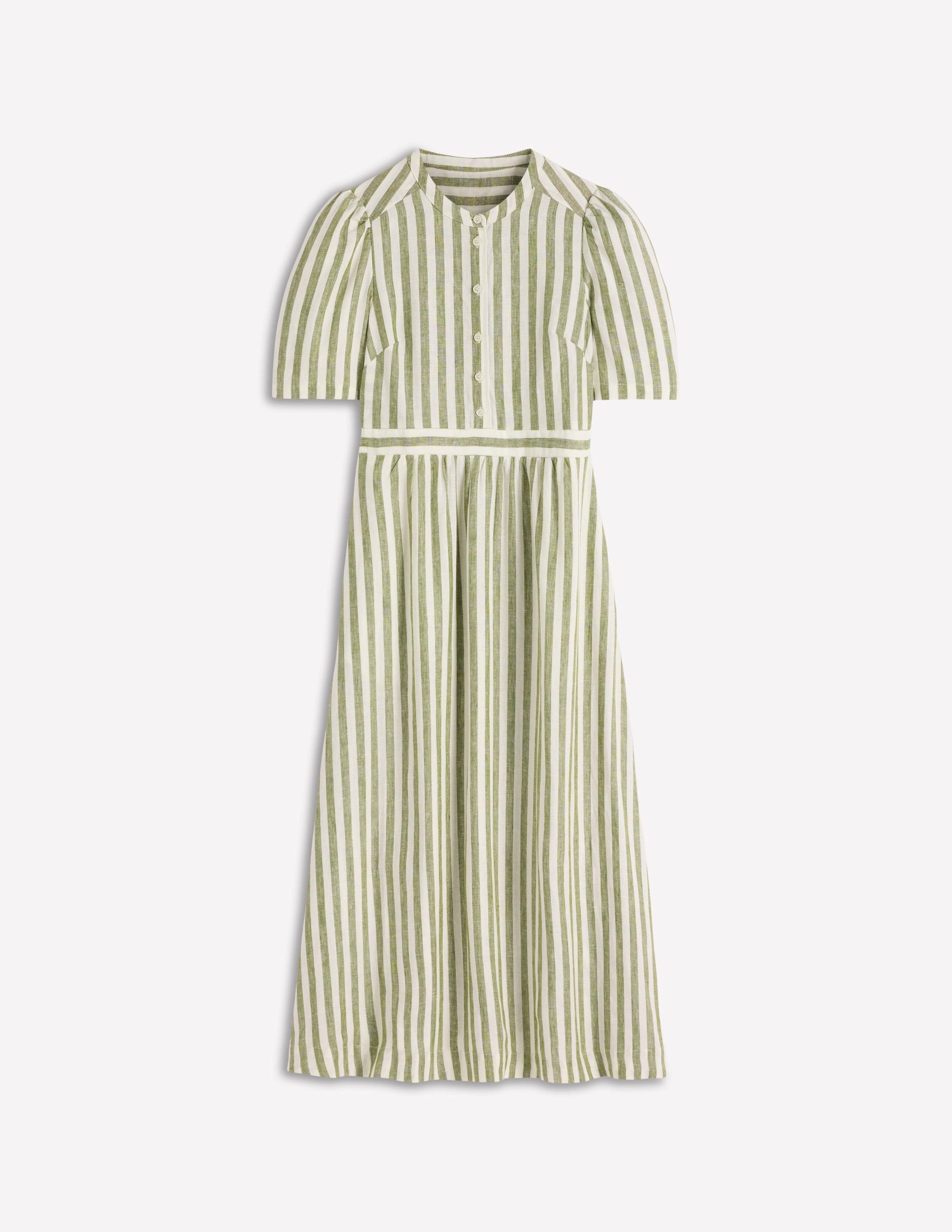 Ivy Button Linen Midi Dress-Olive, Ivory Stripe