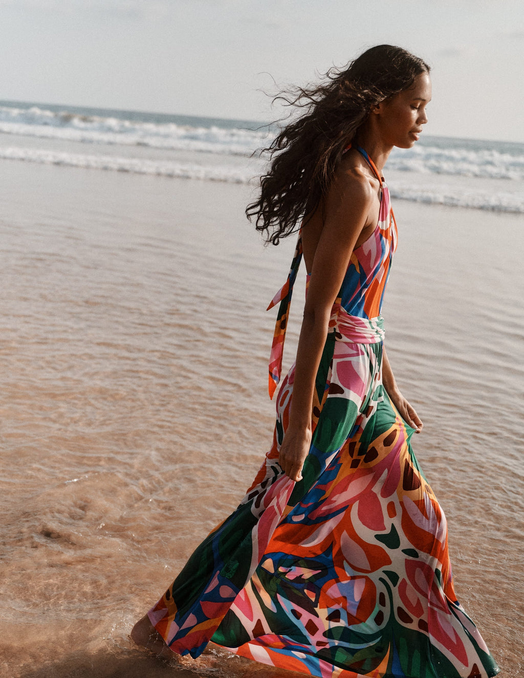 Sydney Twist Neck Jersey Dress-Multi, Leafy Cascade