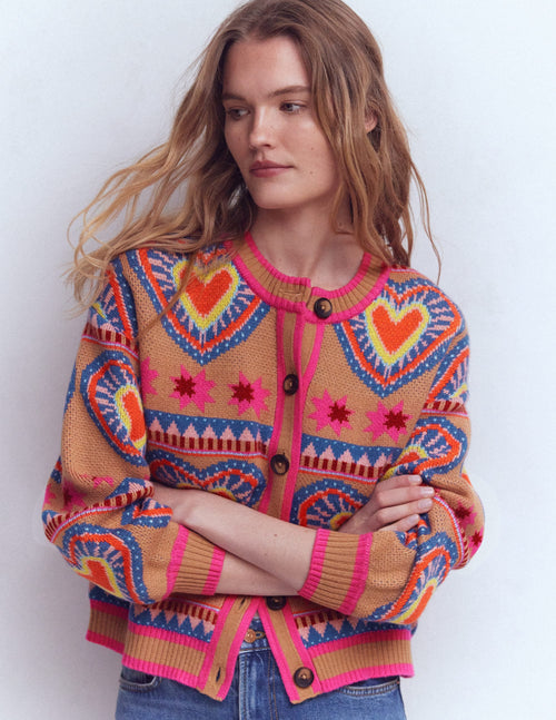 Abi Jacquard Cardigan-Camel Melange, Hearts