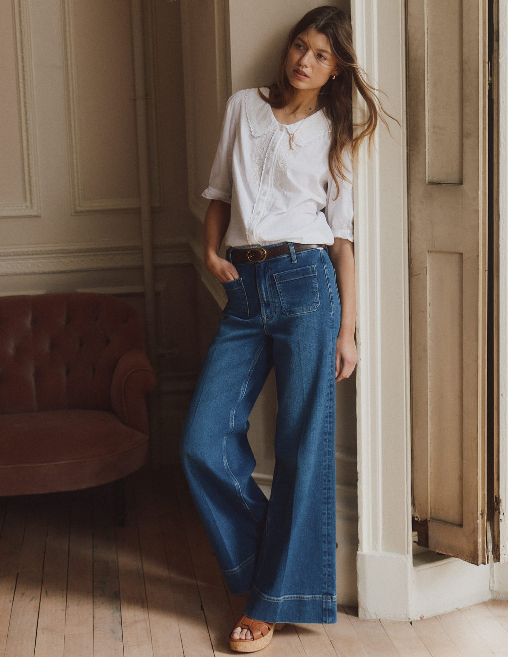 Short Sleeve Pretty Collar Top-White