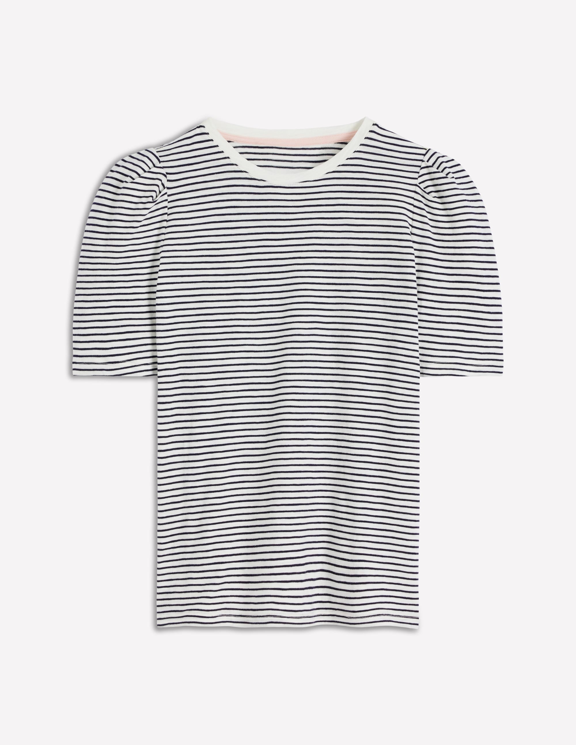 Sophie Puff Sleeve T-shirt-Navy and Ivory Stripe