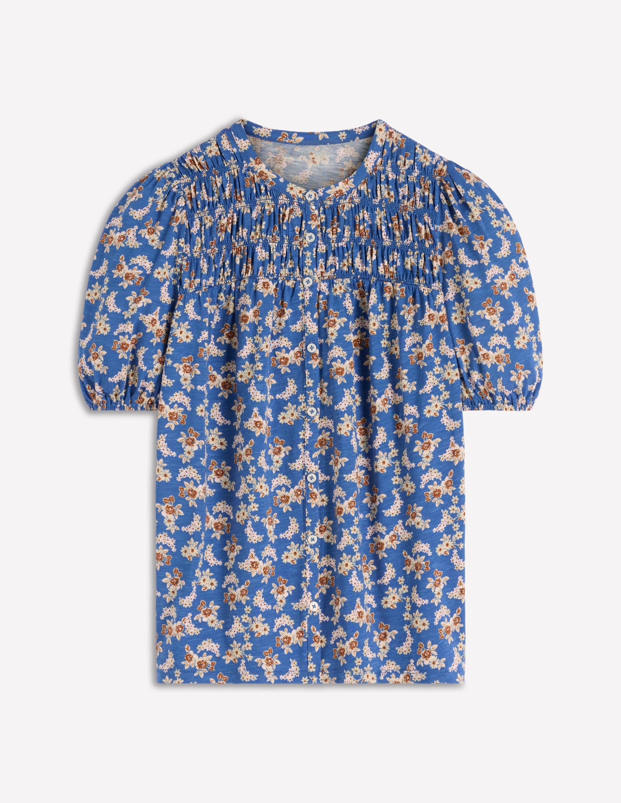 Mya Short Sleeve Smocked Shirt-True Navy, Dainty Blooms