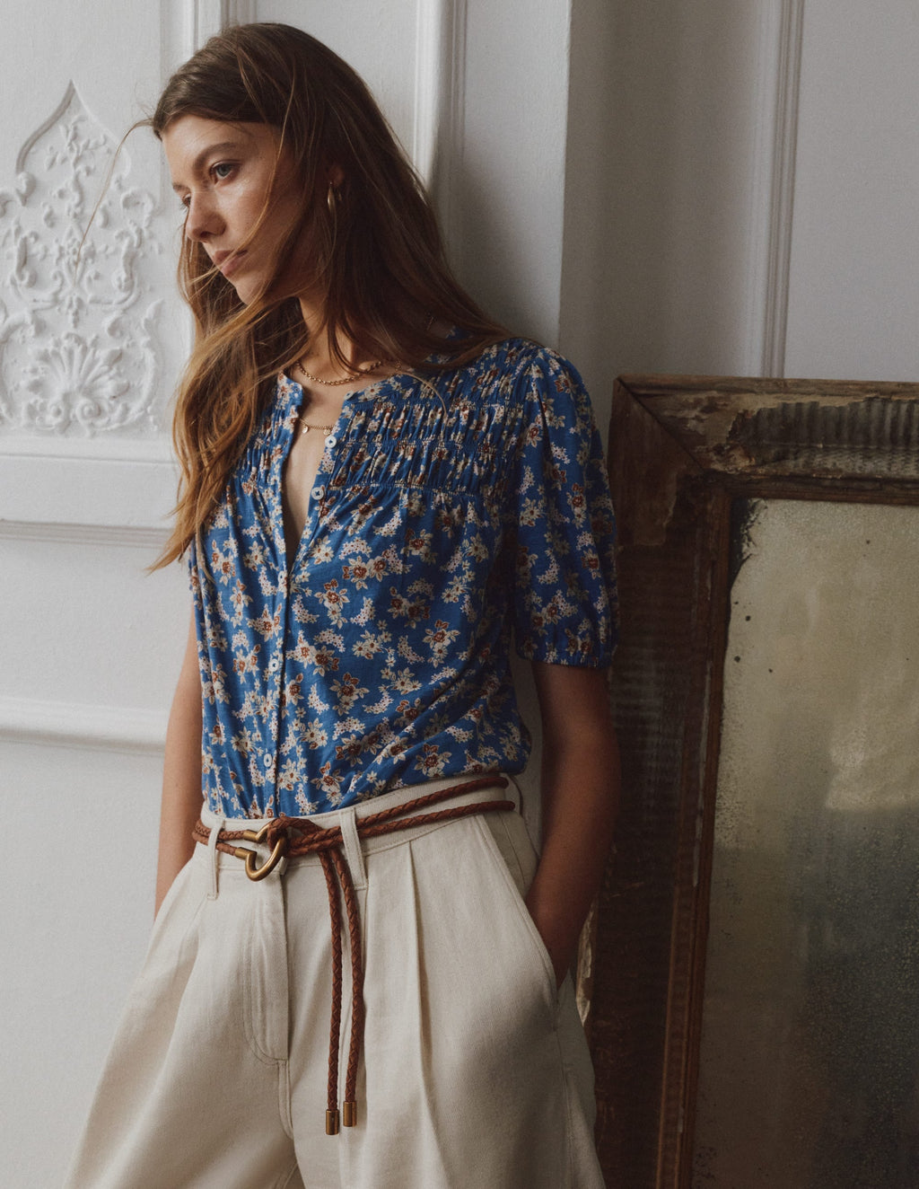 Mya Short Sleeve Smocked Shirt-True Navy, Dainty Blooms