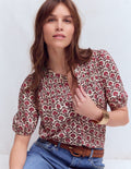 Mya Short Sleeve Smocked Shirt-Strawberry Pink,Flower Lattice
