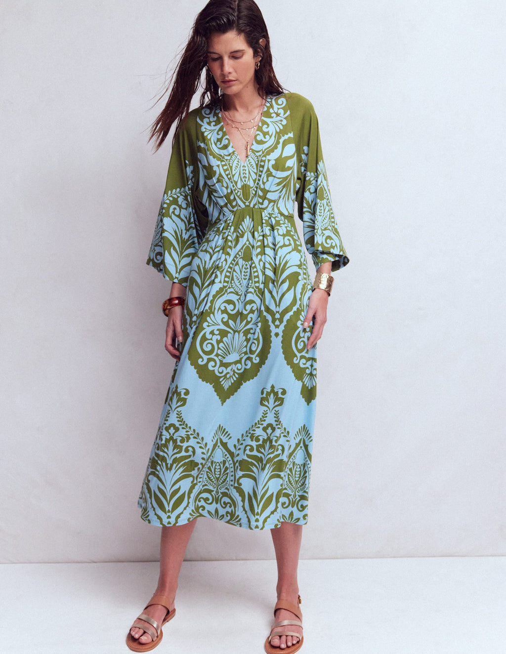 Nell Kimono Midi Jersey Dress-Olive, Ornamental Garden
