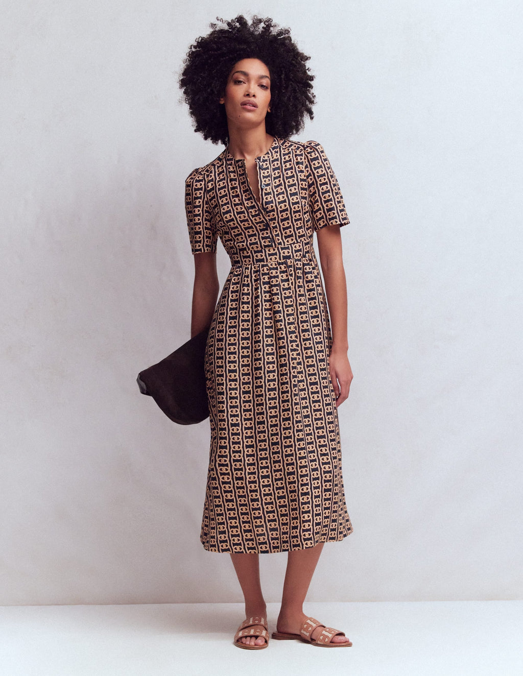 Ivy Button Linen Midi Dress-French Navy, Rope Trellis