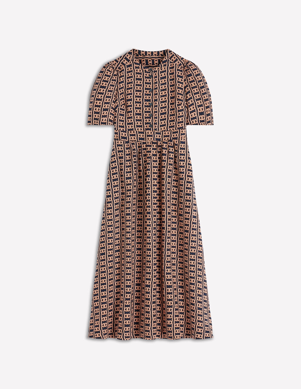 Ivy Button Linen Midi Dress-French Navy, Rope Trellis