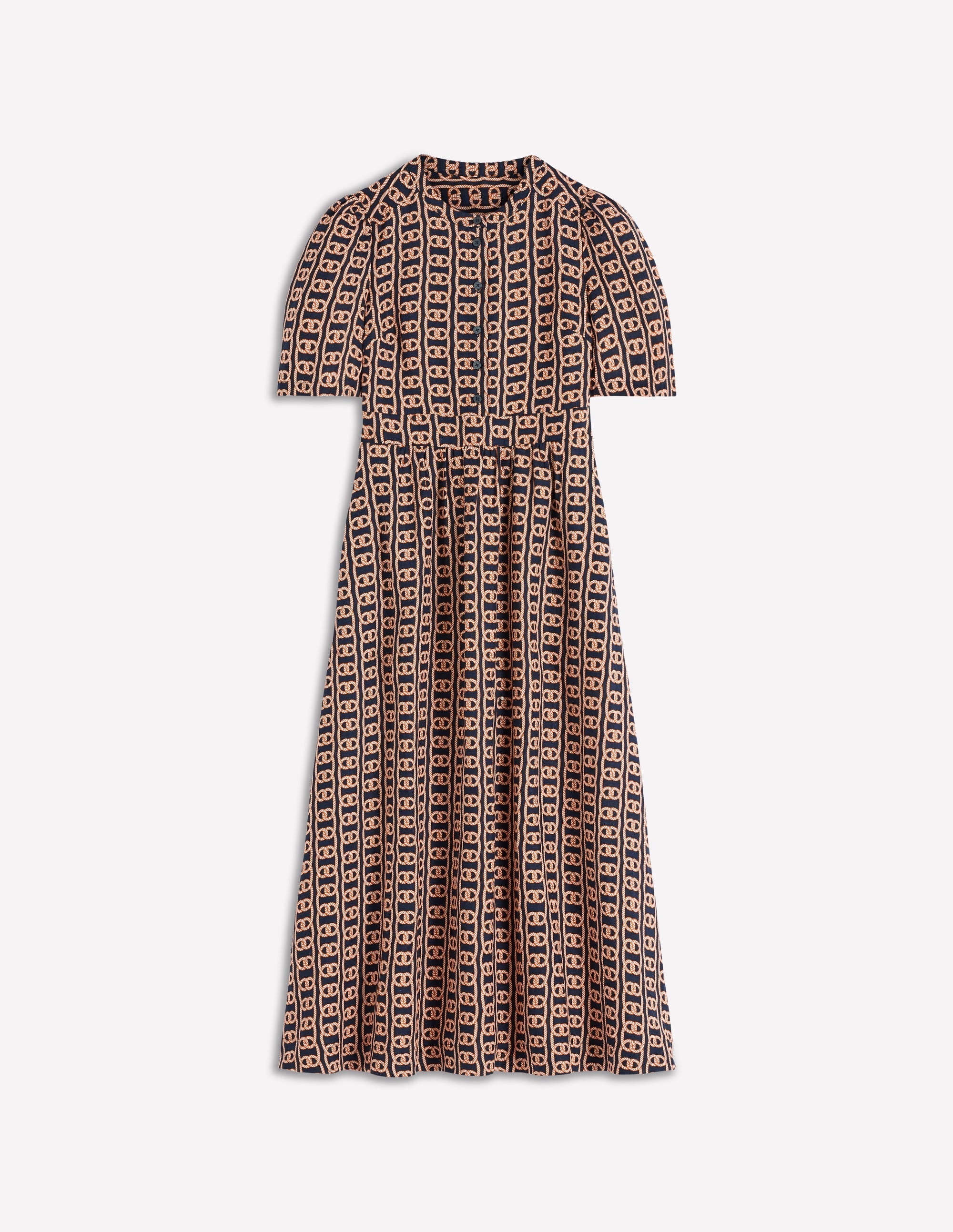 Ivy Button Linen Midi Dress-French Navy, Rope Trellis