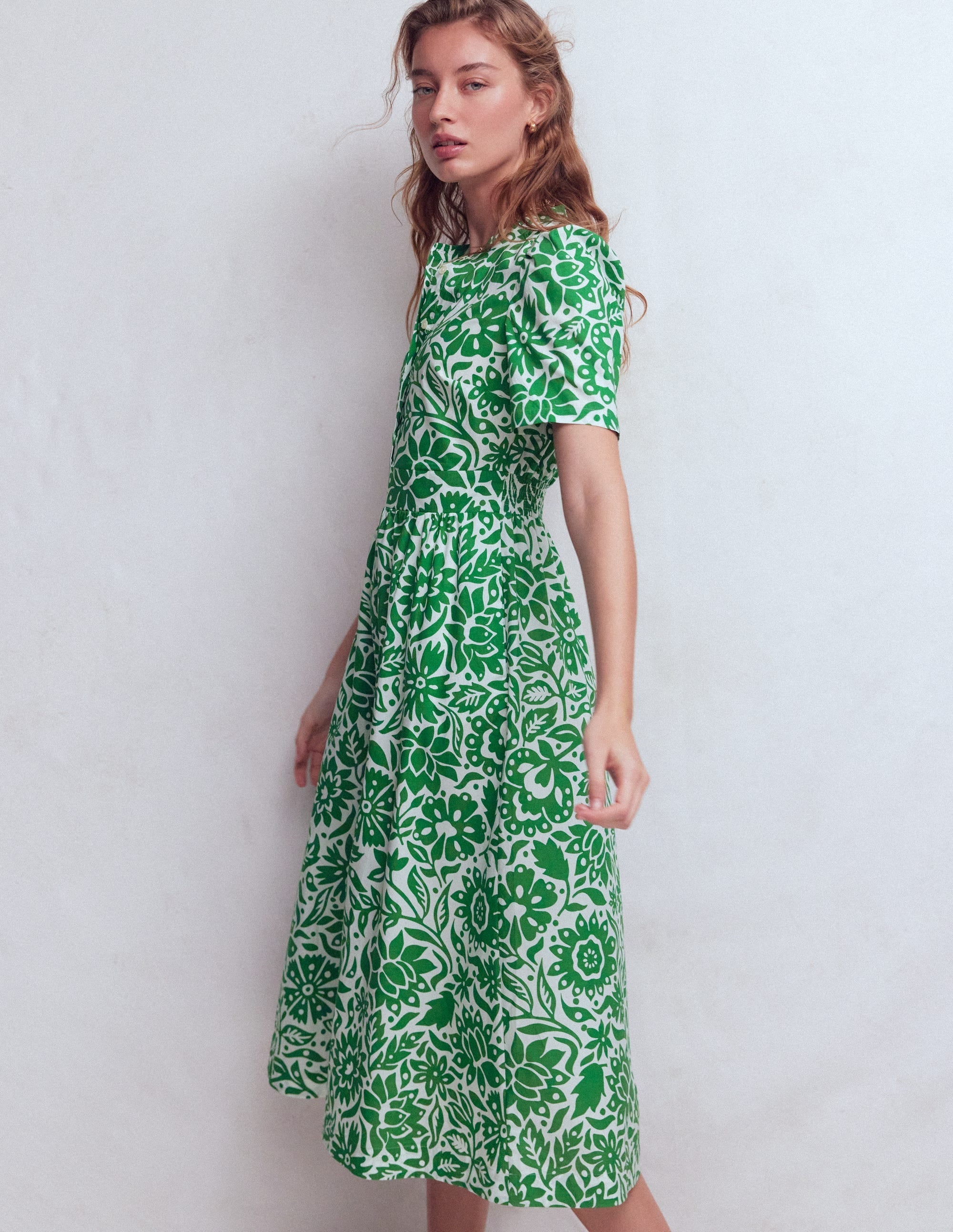 Ivy Button Cotton Midi Dress-Verdant Green, Meadow Scatter