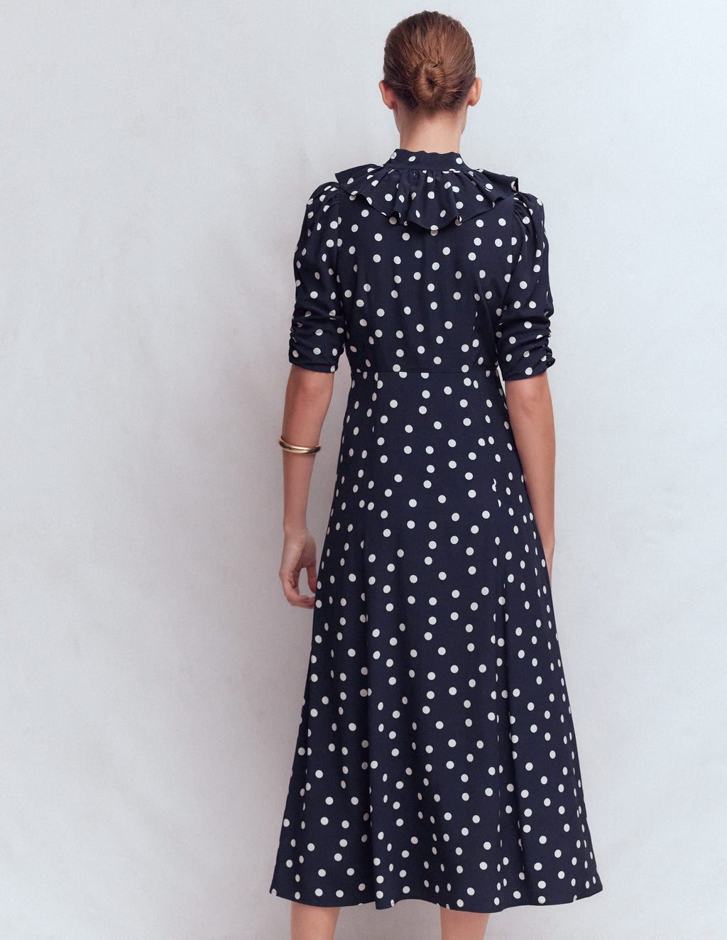 Ruffle Collar Midi Dress-French Navy Painted Spaced Dot
