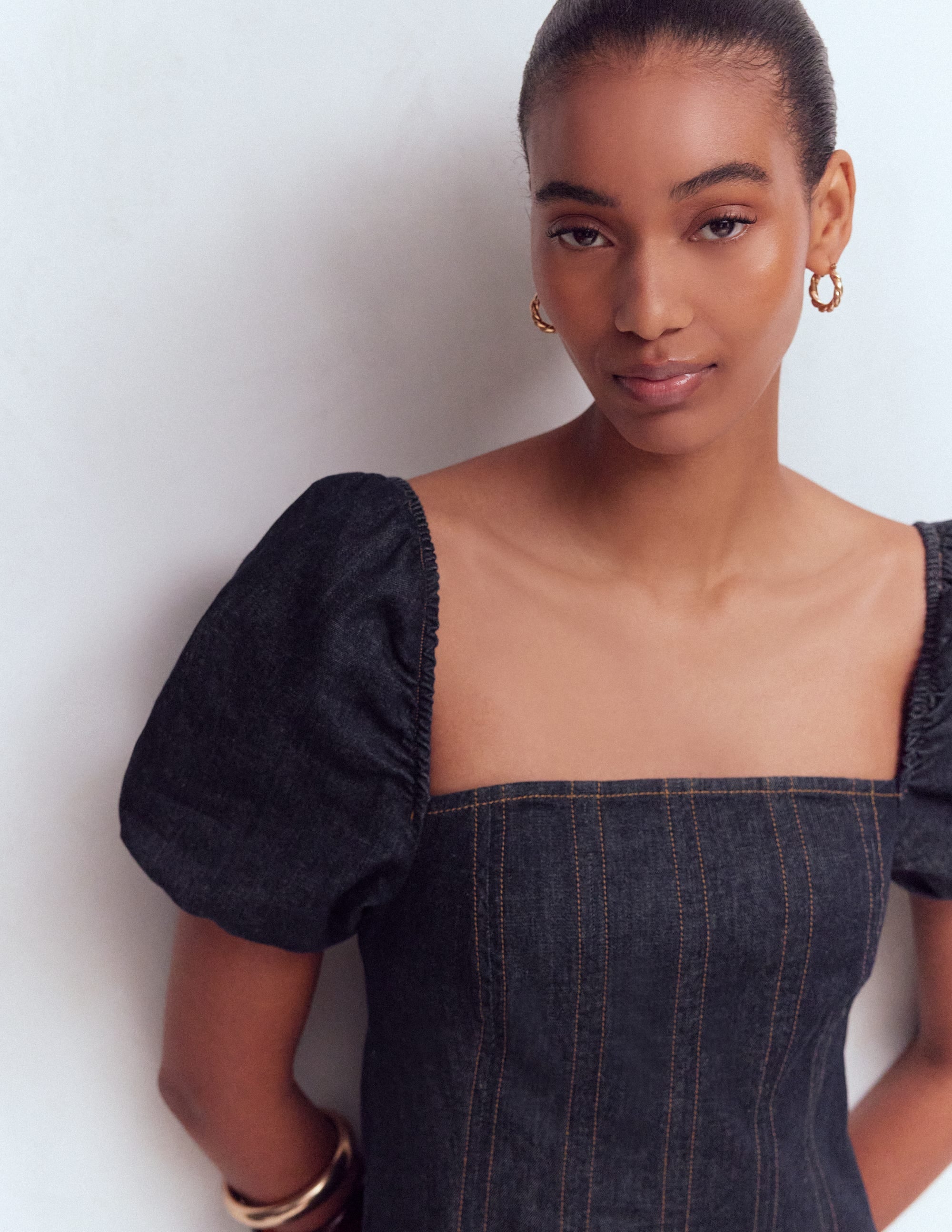 Puff Sleeve Denim Dress-Indigo