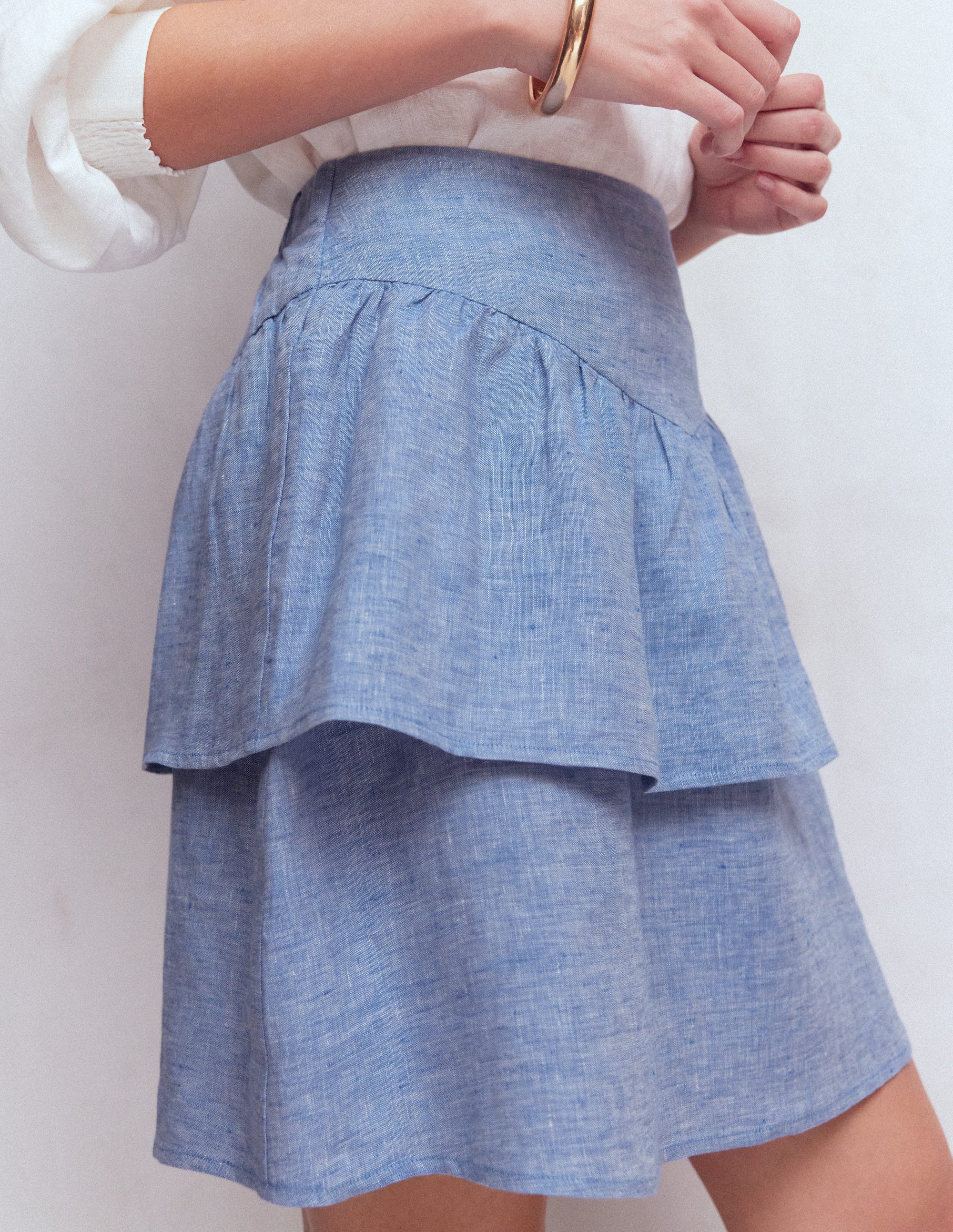 Tiered Linen Skirt-Blue Chambray