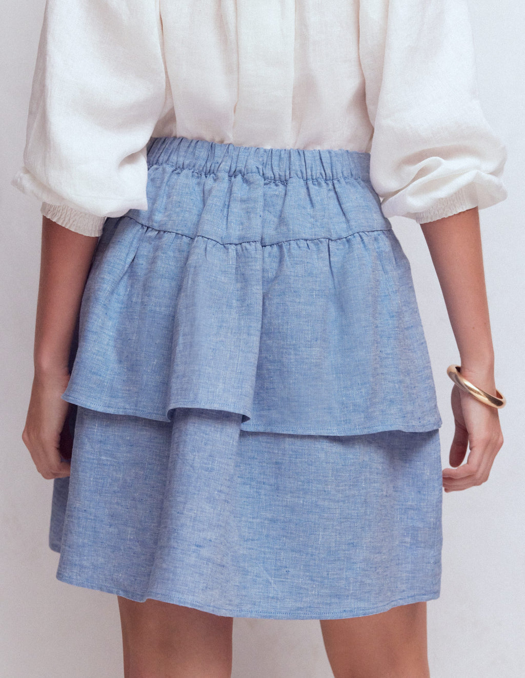 Tiered Linen Skirt-Blue Chambray